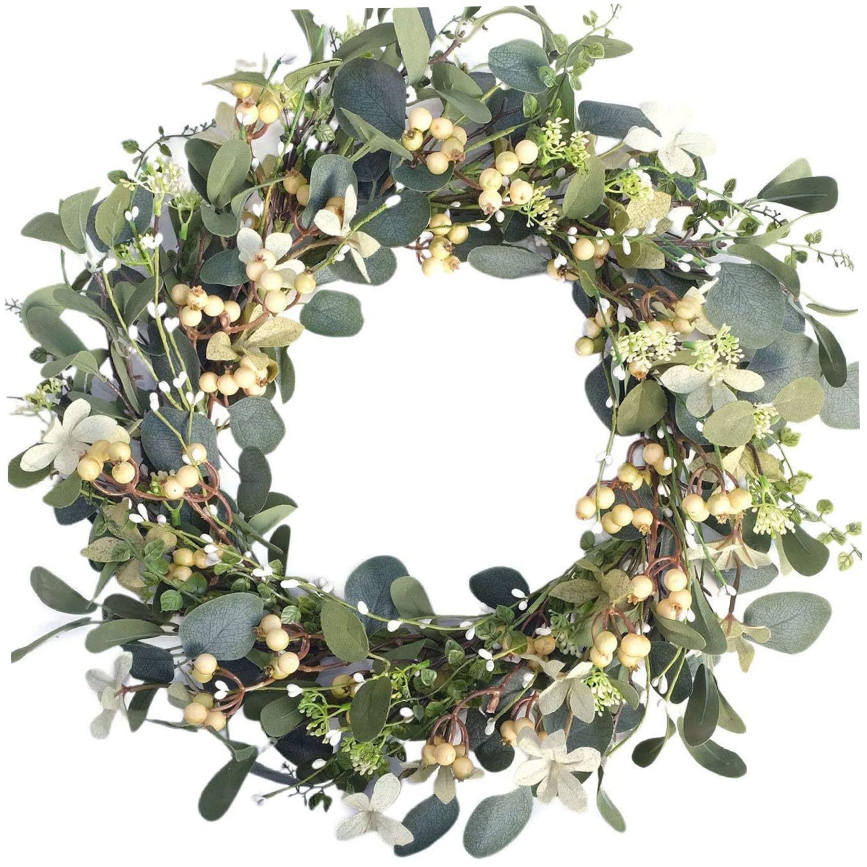 NASSMOSSE Eucalyptus Wreath with Flowers & Berries 20" Artificial Spring Wreath Decorative Realistic Hanging Spring Wreaths for Front Door Wall Wedding Window