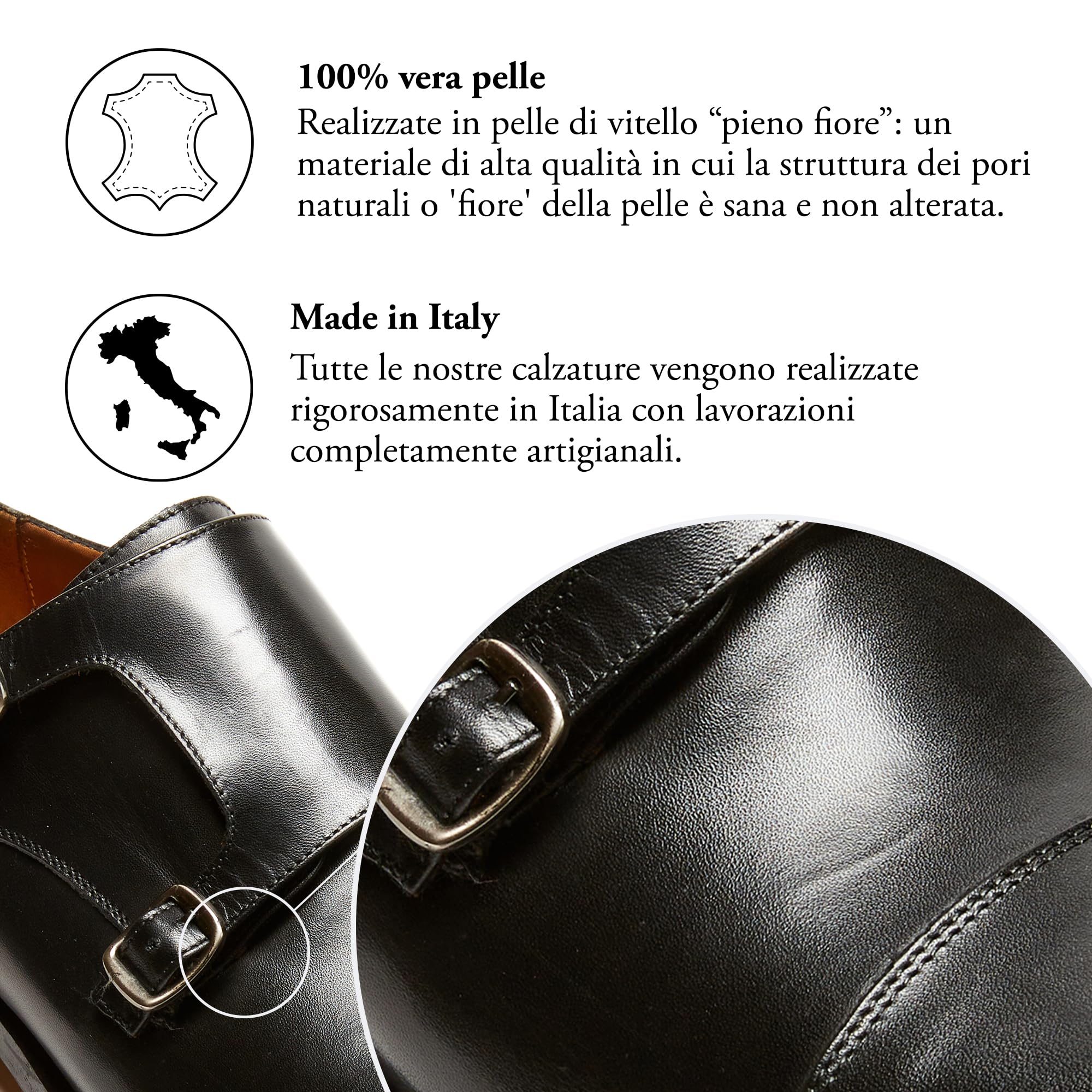 Scarpe da Uomo Eleganti con Doppia Fibbia in Vera Pelle e Soletto in Memory Foam - Suola Gomma Superleggera - Made in Italy