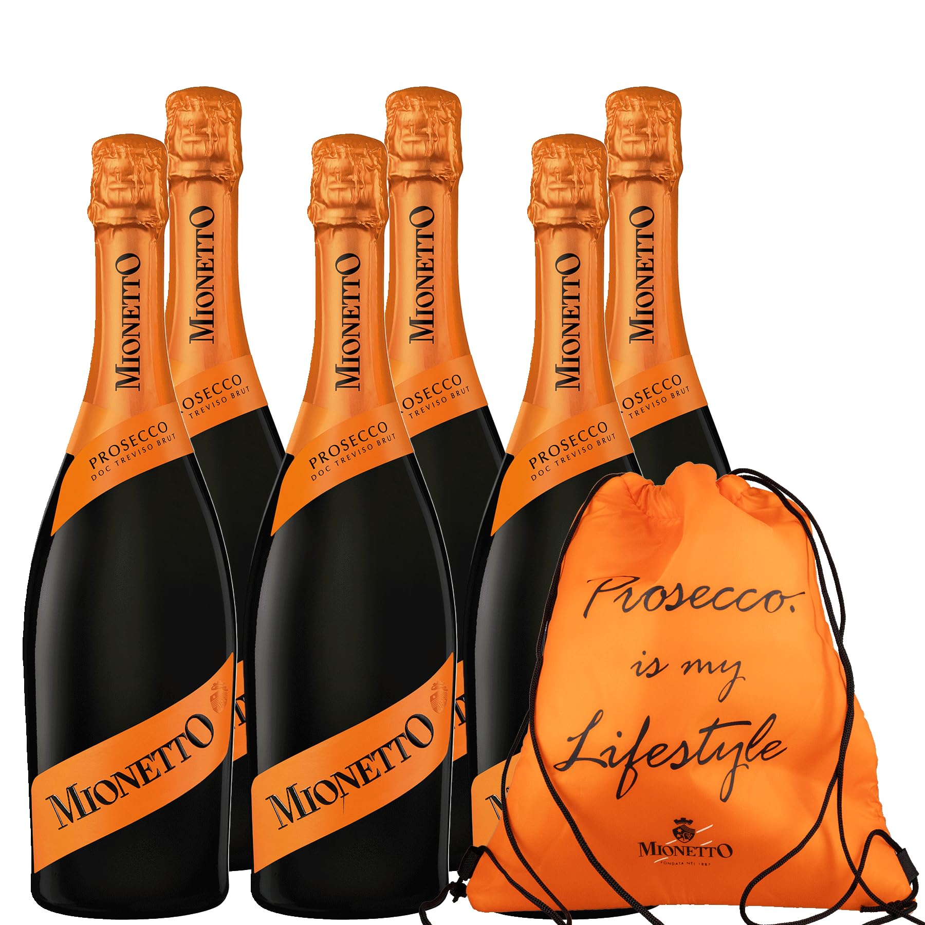 MIONETTO Prosecco Spumante DOC Treviso Brut (6x0,75l) Schaumwein, Perlwein aus Italien, trocken, fruchtig und frisch - Ideal als Aperitif und zu Antipasti inkl. GRATIS Coolingbag