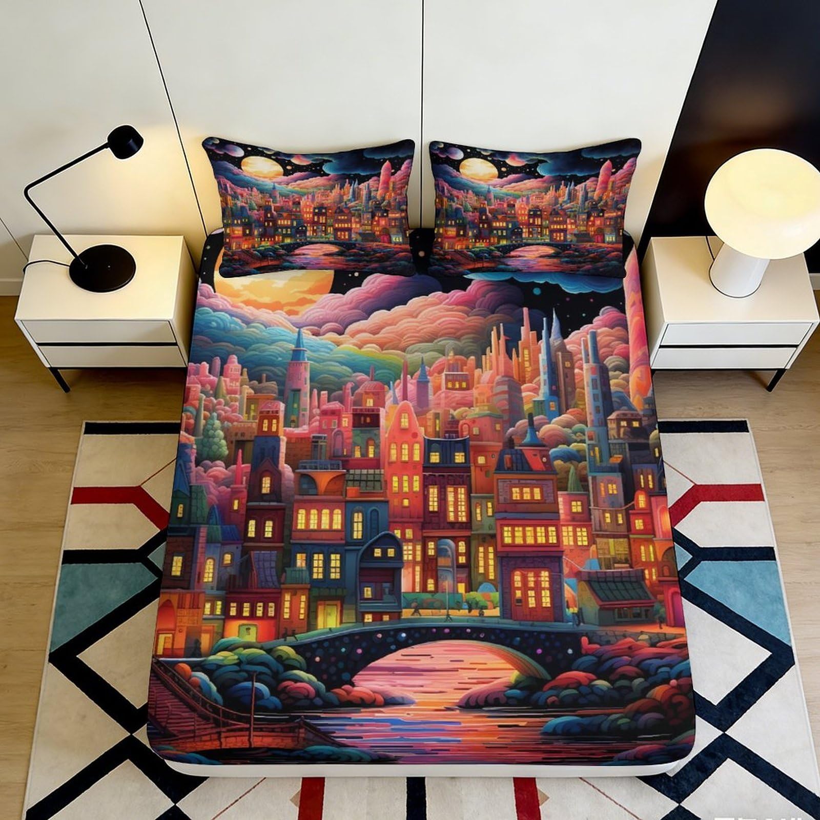 Pnayamiorkfel Style-4 3D Printed Dreamy Cityscape Fitted Sheet Microfiber Vibrant Night Bridge Bed Cover For Bedroom Guest Room Decor 90X200x25cm