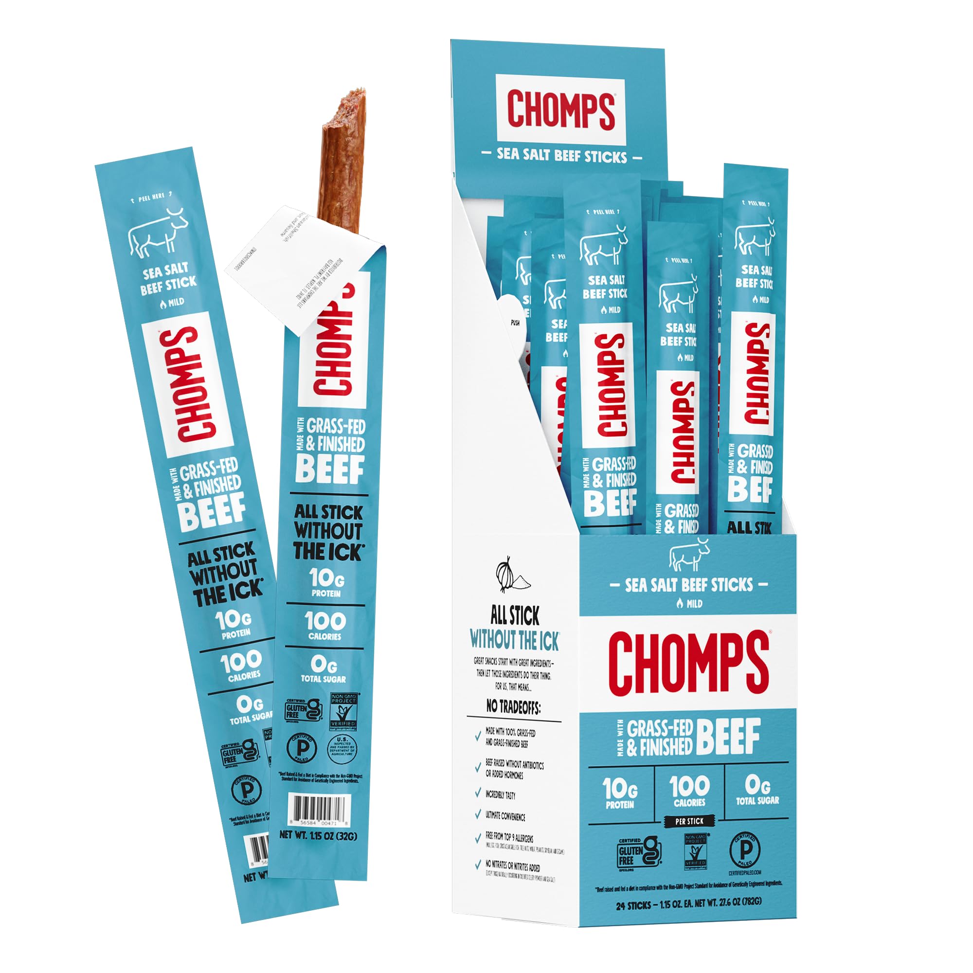 CHOMPS Grass Fed Sea Salt Beef Jerky Snack Sticks, Keto, Whole30, Paleo, Gluten Free, Sugar Free, Low Carb, AIP Diet Compliant, 1.15 Oz, Pack of 24