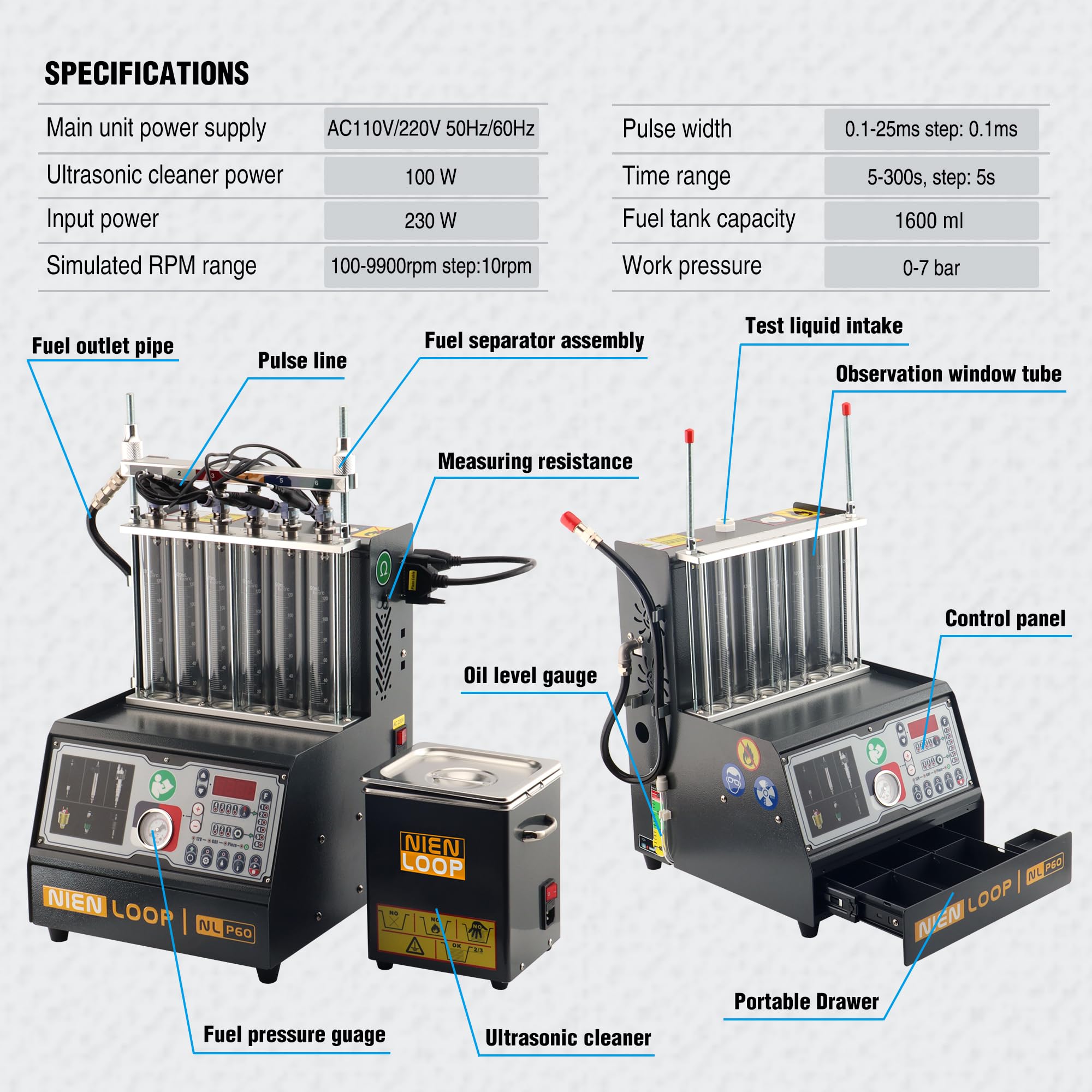 6 Cylinders EFI/MPI/SFI/GDI Fuel Injector Cleaner Tester Machine 3 Injector Type Traditional(12V) GDI Piezo
