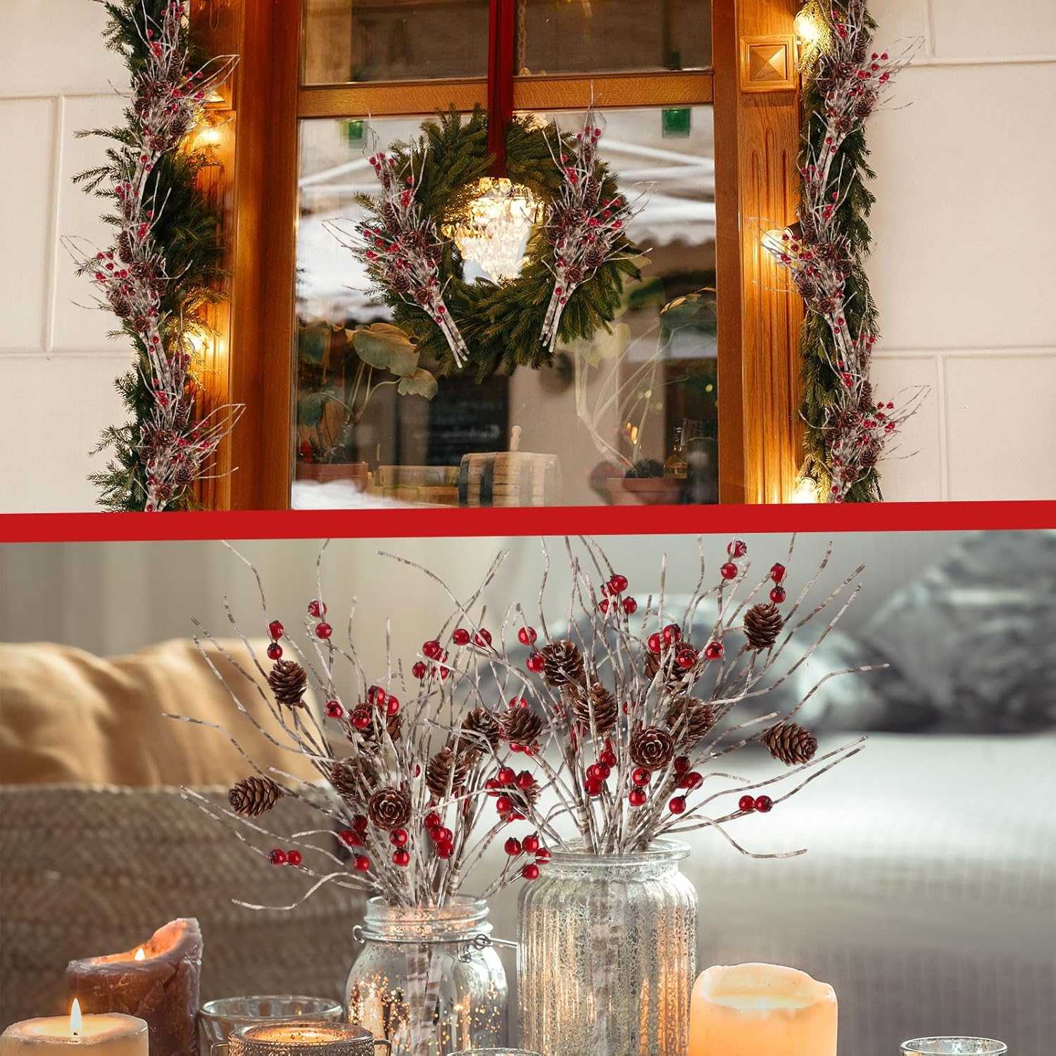 Chuangdi 12 Pcs Christmas Artificial Berry Pine Picks 16 Inch Christmas Tree Floral Stems Birch Berry Pinecones Picks for Vase Wreath for Xmas DIY Crafts Holiday Garland Home Winter Branches Decor