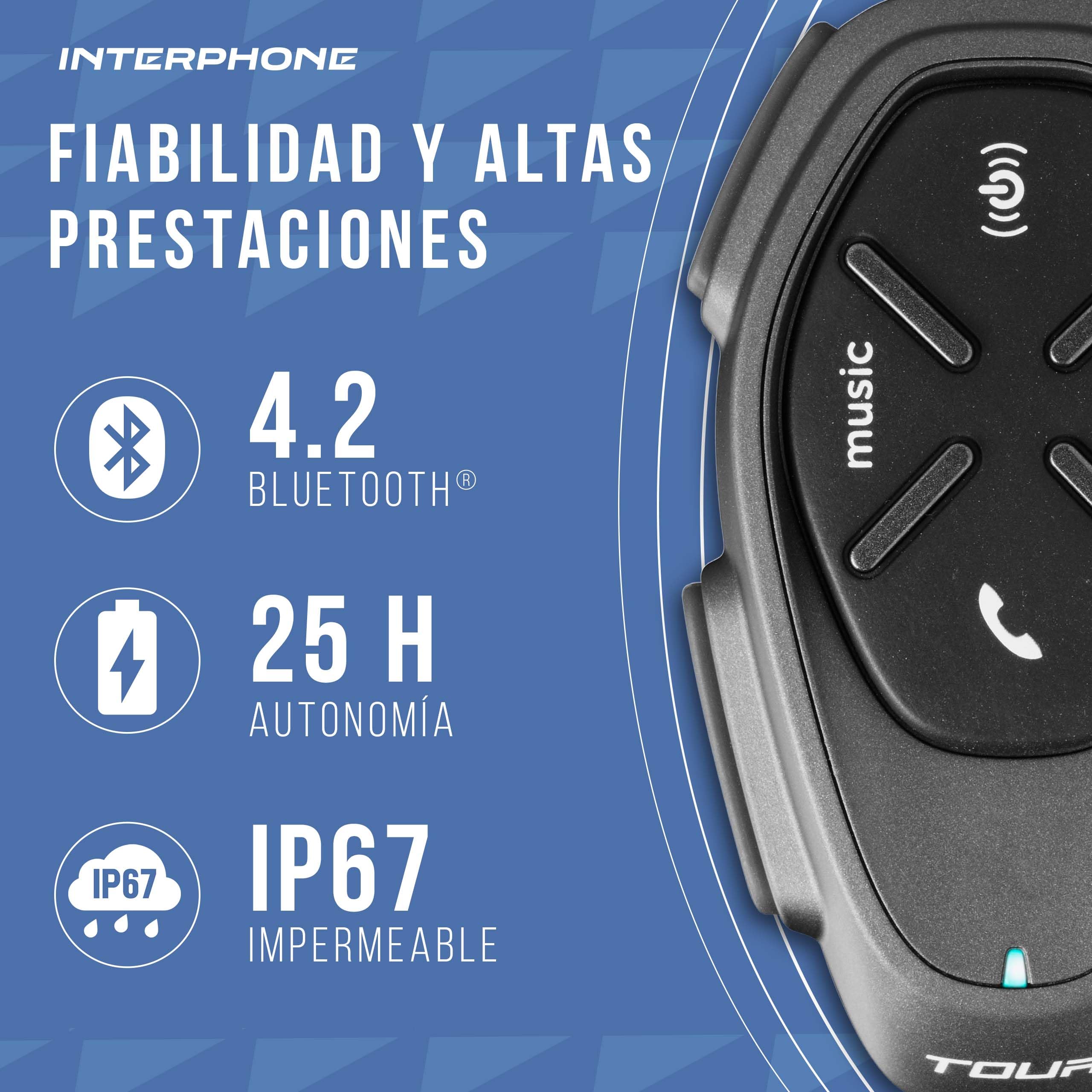 Interphone Tour HD Intercomunicador Casco Moto Individual, hasta 4 usuarios a 1,5 km de Distancia, intercomunicador con Bluetooth 4.2 para GPS y Llamadas, Accesorios Moto, 25 h de autonomía e IP67