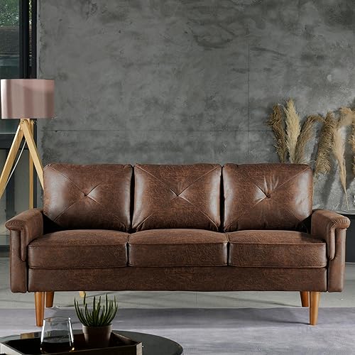 ovios Luxury 3 Seater Sofa with Faux Leather,Mid-Century Modern Couch with Comfortable Armrest,Comfy Couches with Deep Seat,Small Sofas for Living Room Bedroom (Dark Brown)