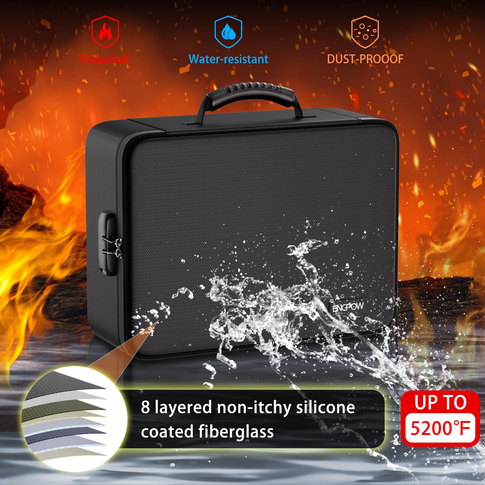 ENGPOW Scatola portadocumenti ignifuga con isolamento termico fino a 2870 °C, multistrato, impermeabile e ignifugo, 25 tasche, grande scatola portadocumenti A4 con serratura