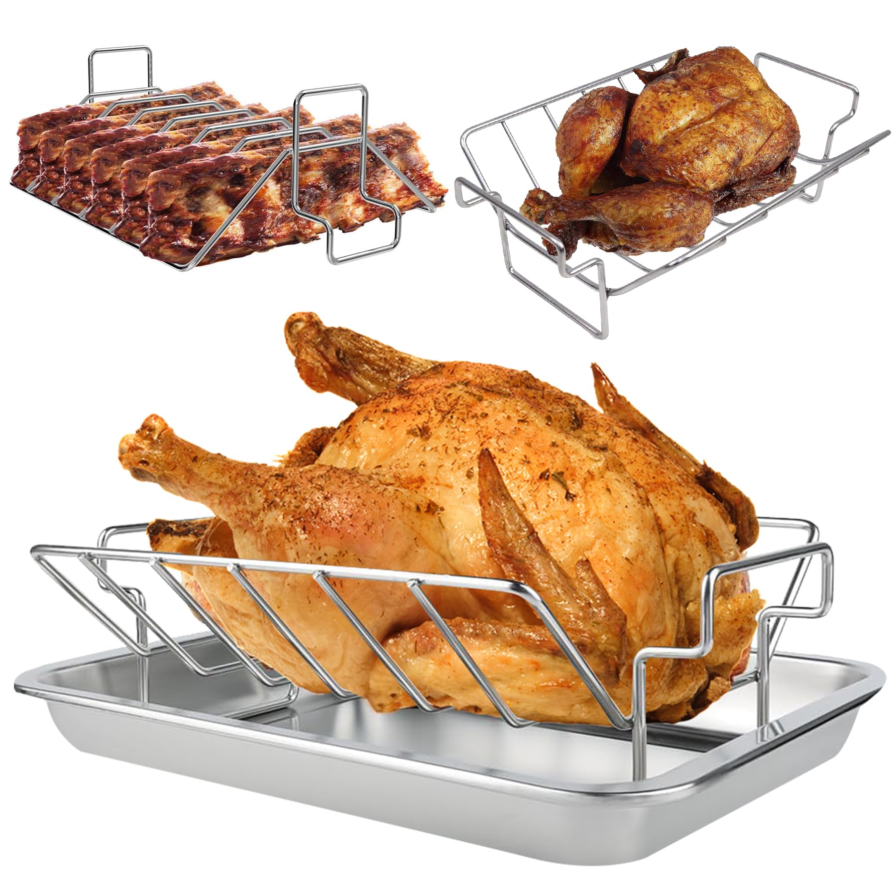 KEESHA Turkey Roasting Rack, 304 Stainless Steel V Rack for Roasting Turkey and Rib 13''x11'' Multi-use BBQ Rib Rack for Big Green Egg and Kamado Joe, with 16'' x12'' 304 Stainless Steel Roasting Pan