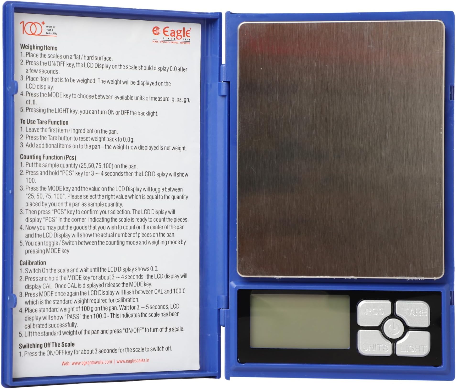 Eagle Digital Pocket Weighing Scale 600g | High Precision Mini Jewelry Weight Machine for Gold, Gems, Coins | Tare, PCS Counting, Backlit Display โ Portable Scale (Blue, PKT-NB1), 1-Year Warranty