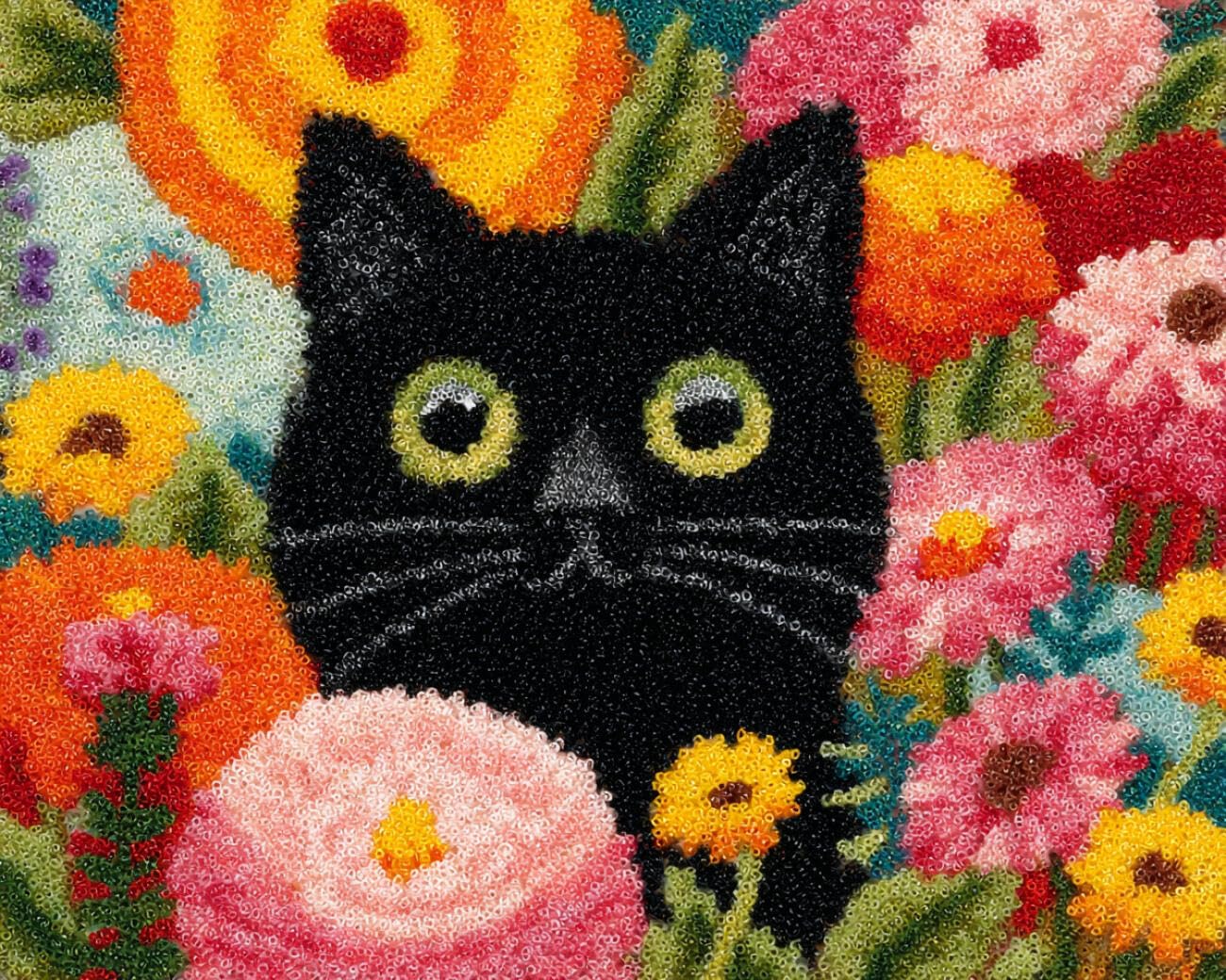 AMBATTERY Latch Hook Tapestry Kit Black cat and Flowers 90x120cm