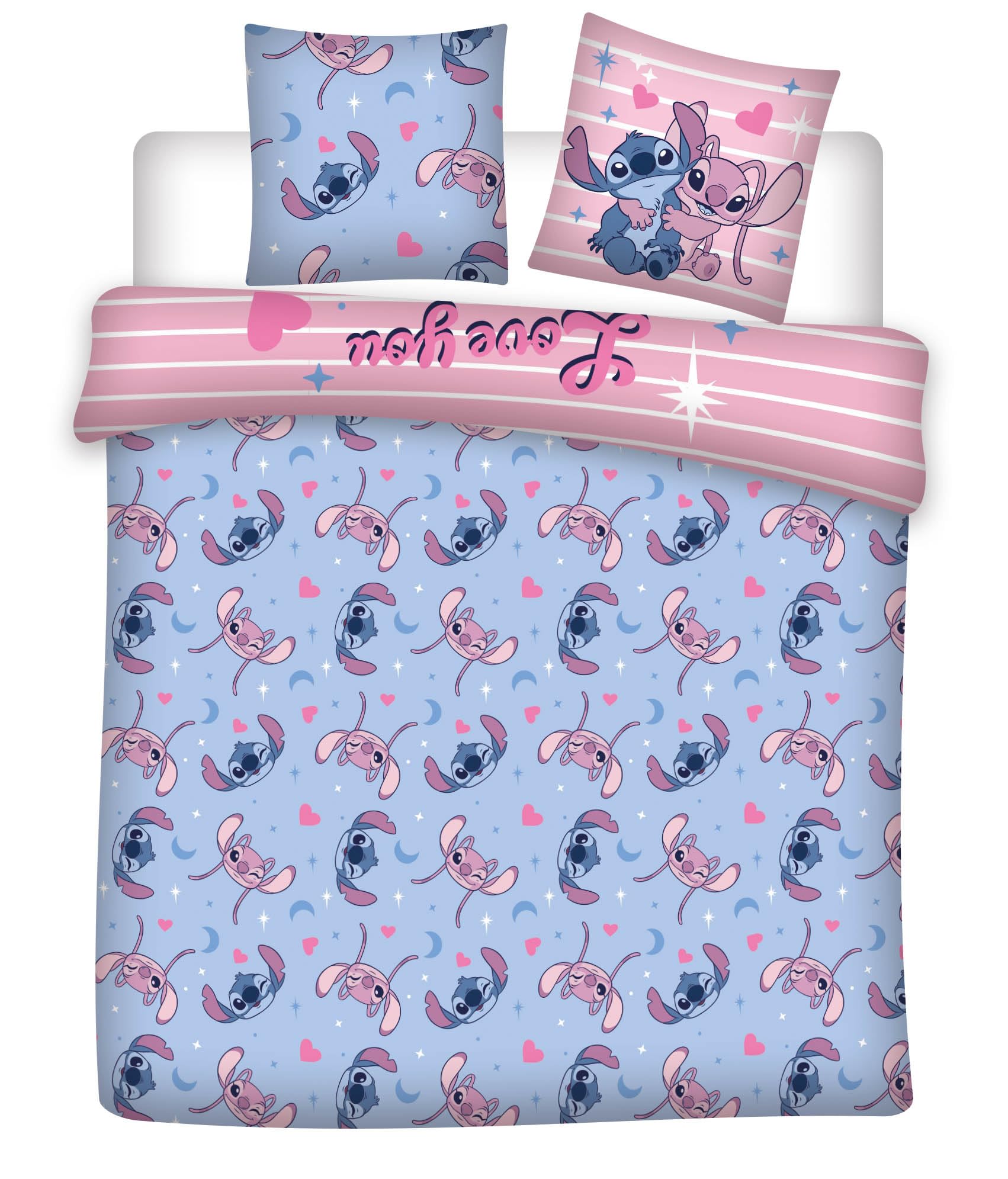 Stitch Angel Love Stars Funda Nórdica Cama 150 240x220 + 2 Fundas Almohada | Ropa de cama 2 personas reversible | Polialgodón secado rápido Oeko-Tex | Disney | Botones | Regalo pareja | Idea regalo