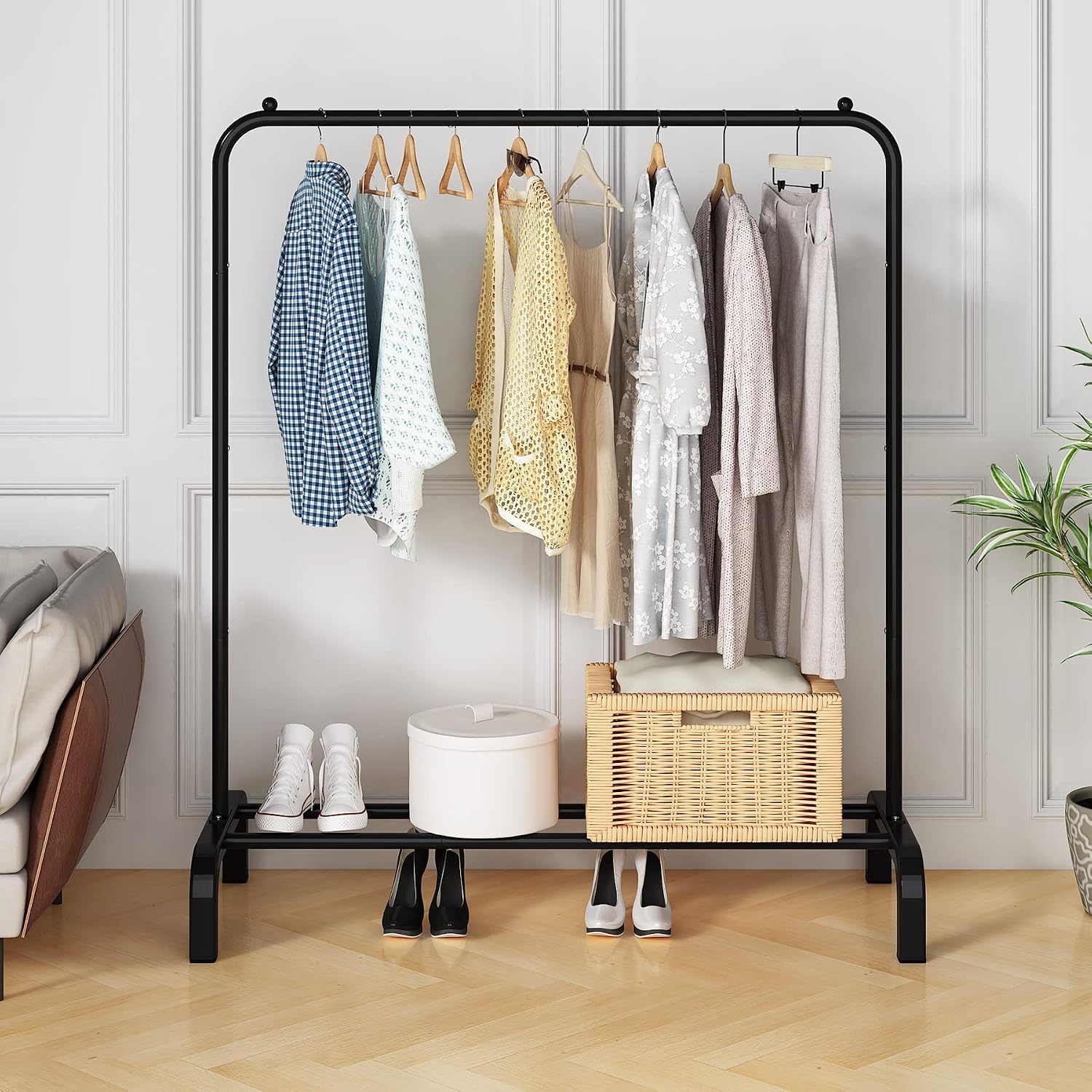 UDEAR Garment Rack Freestanding Hanger Multi-Functional Practical Single Pole Bedroom Clothing Rack, Black