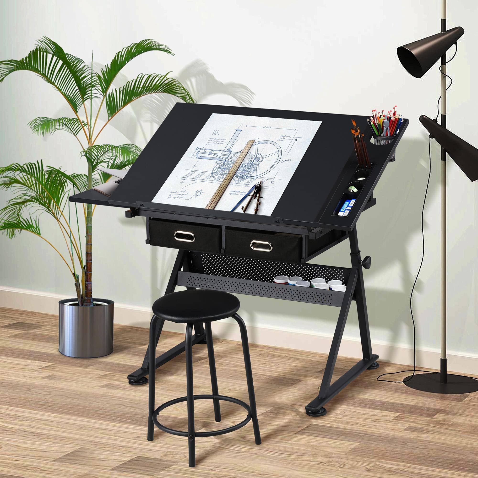 Yaheetech Mesa de Dibujo para arquitectos, Altura Ajustable, Mesa de Trabajo Ajustable, Escritorio para Estudiantes con Taburete y cajones para técnicos, arquitectos, Color Negro