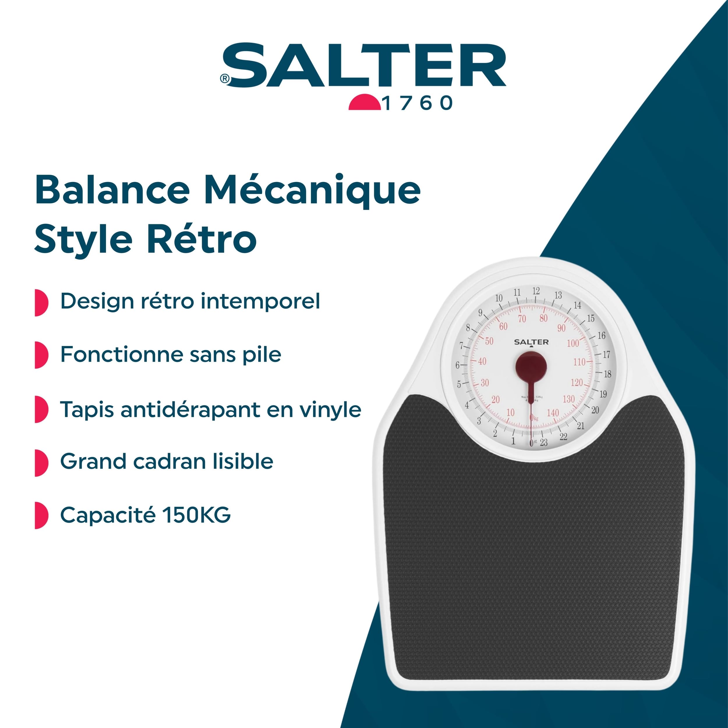 Salter Balance Pèse Personne Mécanique, Style Rétro Sans Pile, Capacité 150KG, Balance Analogique Métrique/Impériale, Grand Cadran à Aiguille Facile à Lire, Tapis En Vinyle Antidérapant, Noir/Blanc
