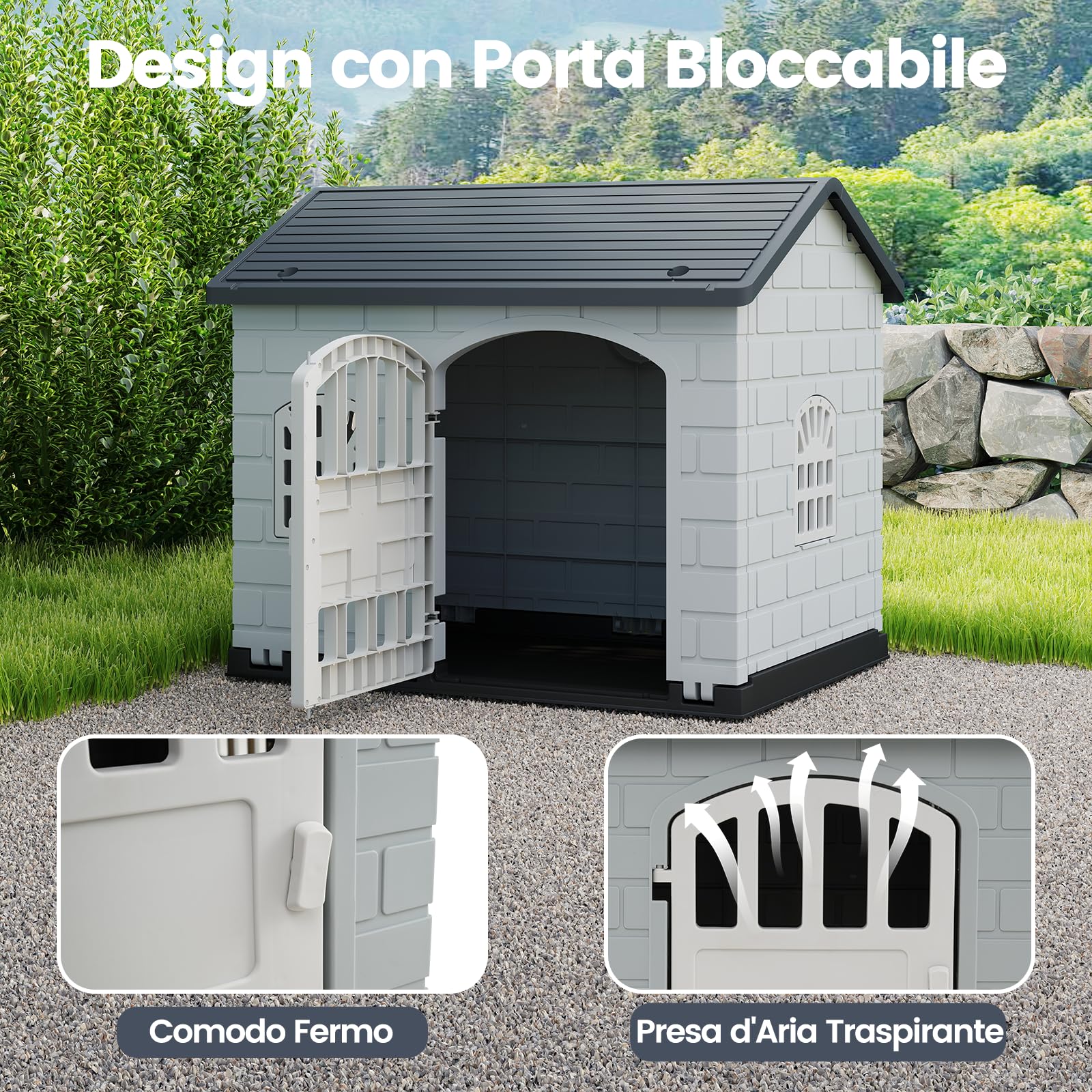 COSTWAY Cuccia per Cani da Esterno ed Interno, Casetta per Cani con Porta Bloccabile, 3 Finestre e Tetto Inclinato, Cucce in Plastica Impermeabile per Cagnolini Piccoli, 75 x 58 x 65 cm (Grigio)