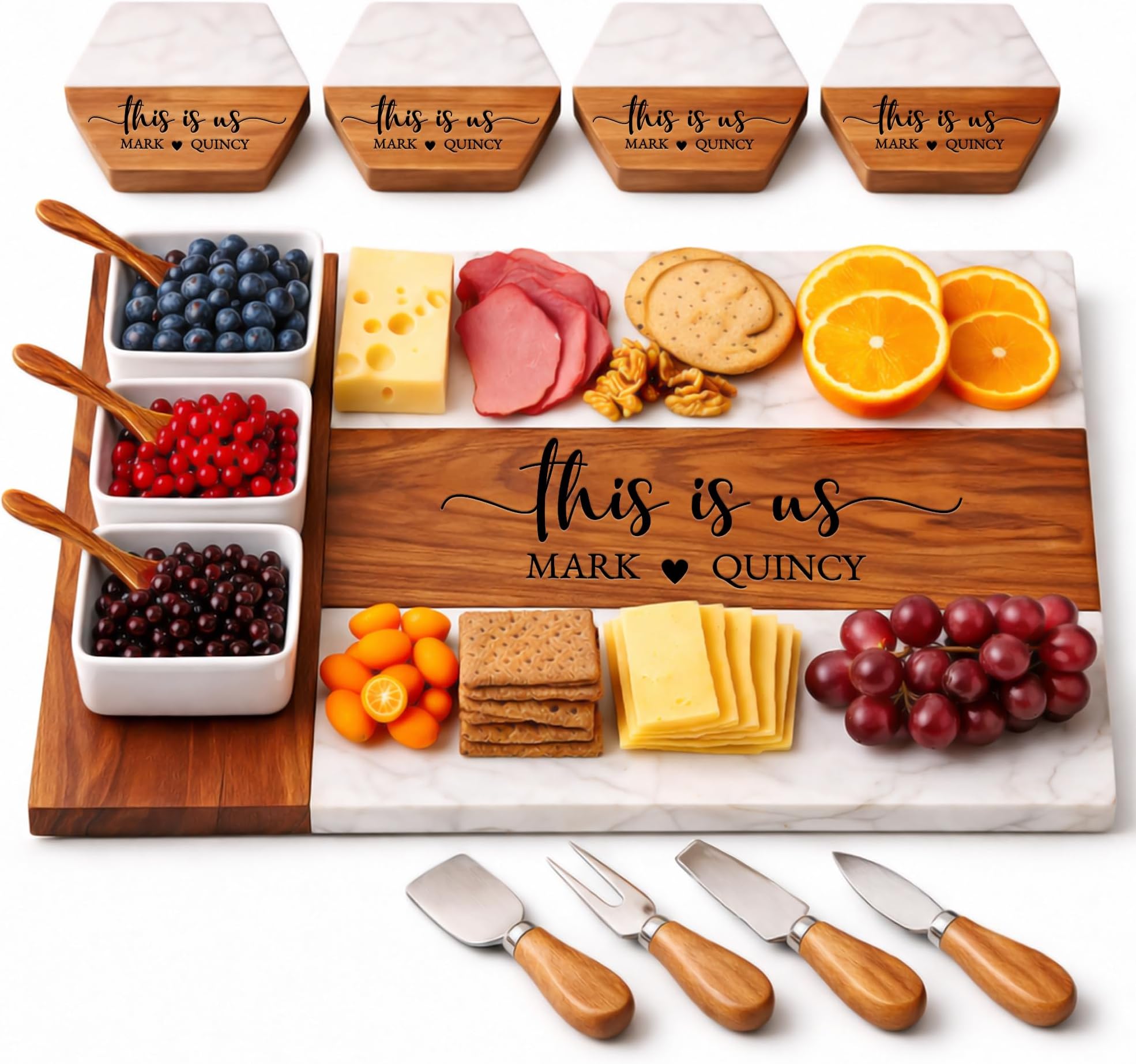 Personalized Charcuterie Board - Custom Engraved Wooden Marble Cheese Boards for Bridal Shower, Wedding, Housewarming, Anniversary, Birthday Gift for Couples, Valentines Day Gift for Couple