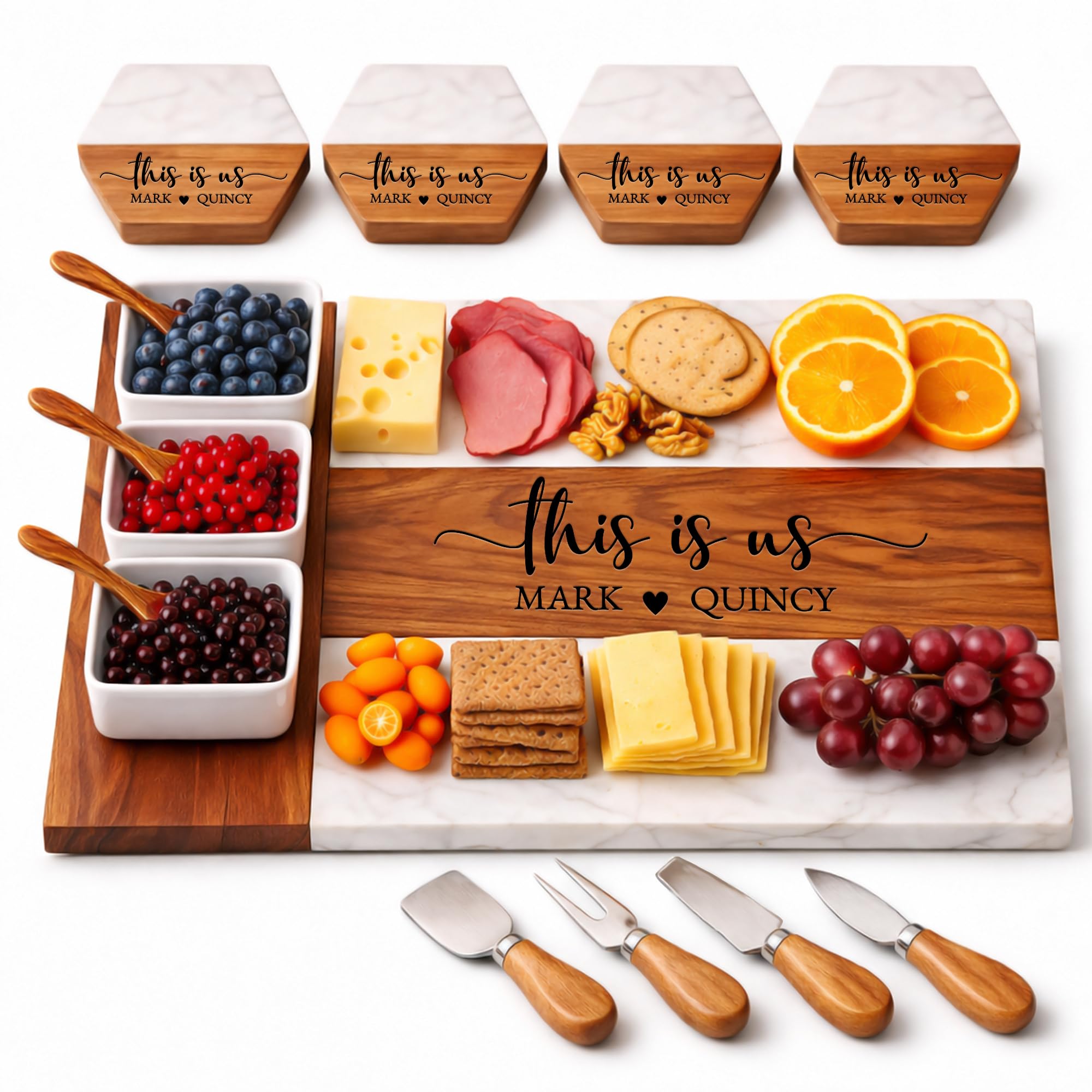 Personalized Charcuterie Board Set - Custom Engraved Wooden Marble Cheese Board with Knife Set - Best Wedding Gift for Couples, Bridal Shower, Engagement, Anniversary, Housewarming &amp; Gift for Parents