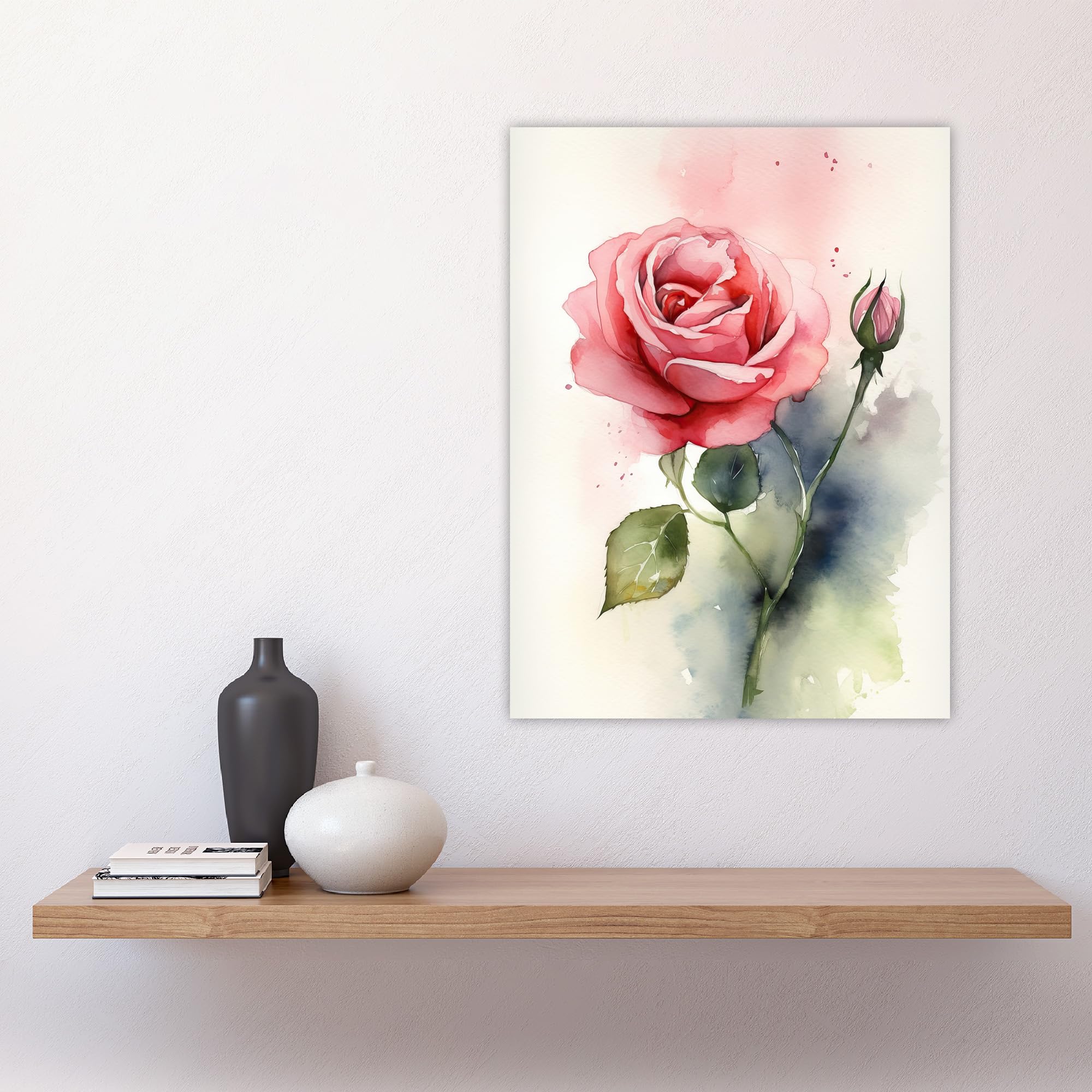 Artery8 Rose Bloom Flower Soft Watercolour Painting Green Pink Single Bloom With Bud Elegant Spring Romance Nature Colourful Bright Floral Modern Artwork Large Wall Art Poster Print 18X24 Inch - Image 4