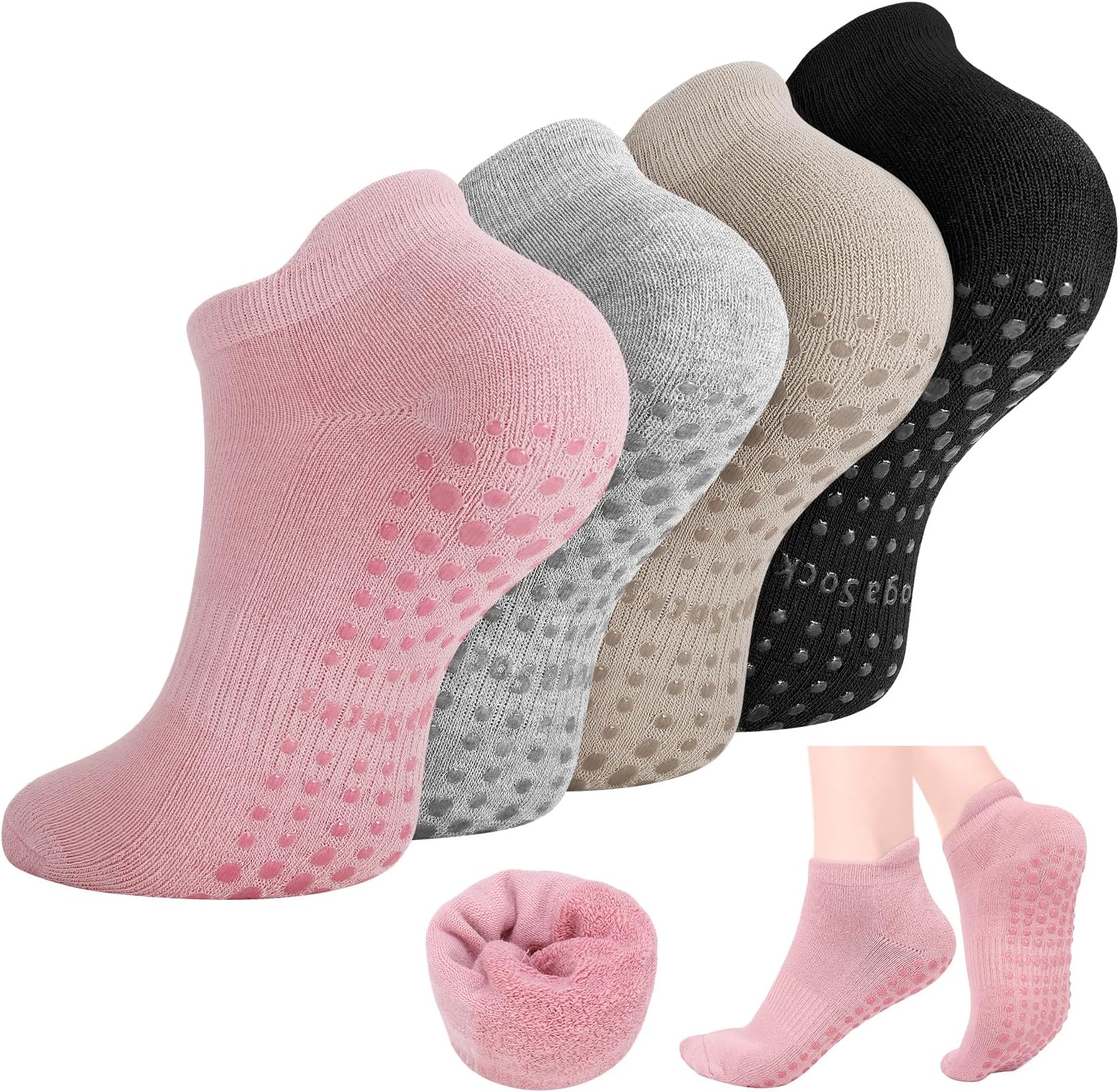 ViEinkaufenPilates & Yoga Grip Socks - 4 Pairs Thicken Non-Slip Grip Socks with Cushions - Women's Size UK 1.5-8.5, Anti-Slip Socks for Dance, Hospital & More