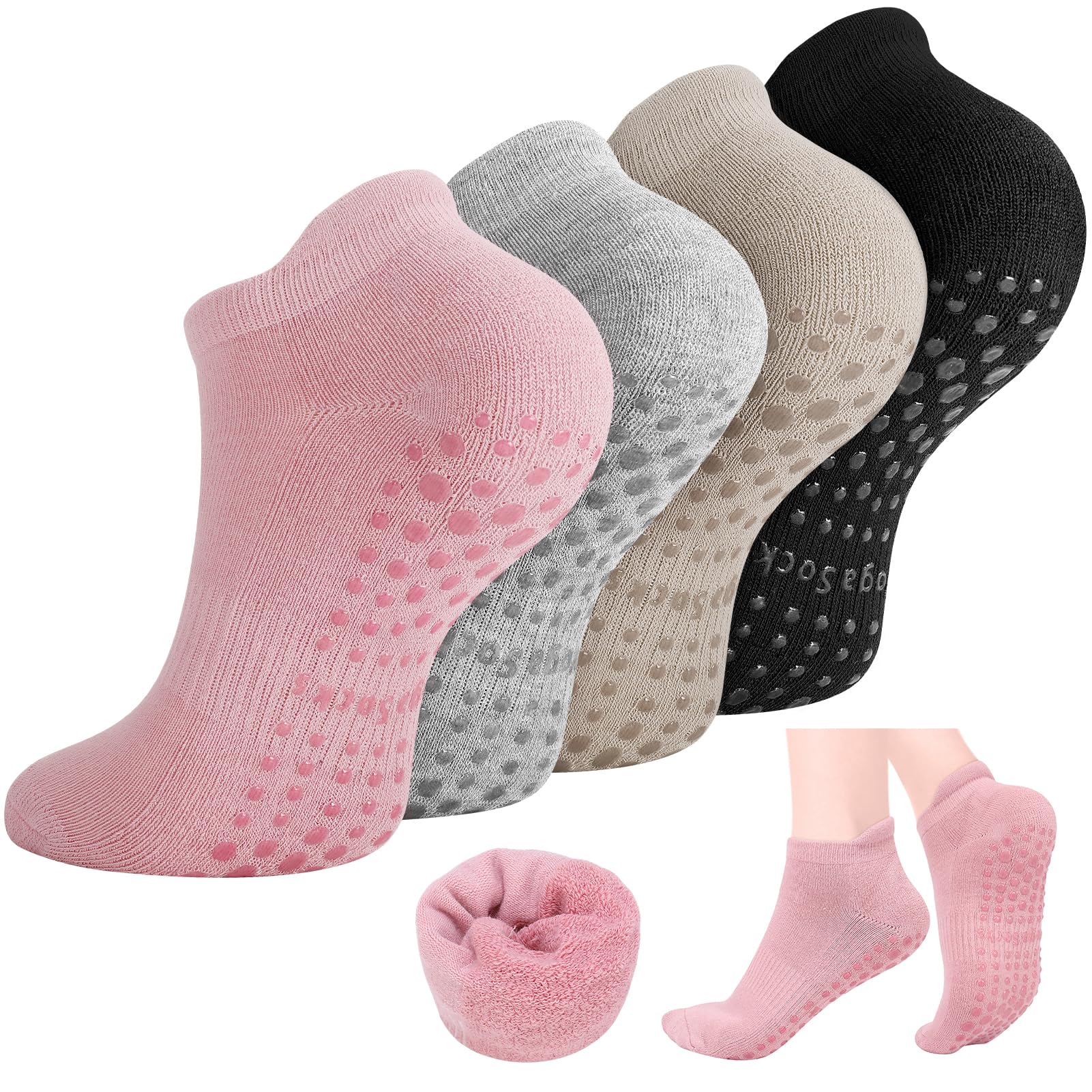 ViEinkaufenPilates & Yoga Grip Socks - 4 Pairs Thicken Non-Slip Grip Socks with Cushions - Women's Size UK 1.5-8.5, Anti-Slip Socks for Dance, Hospital & More