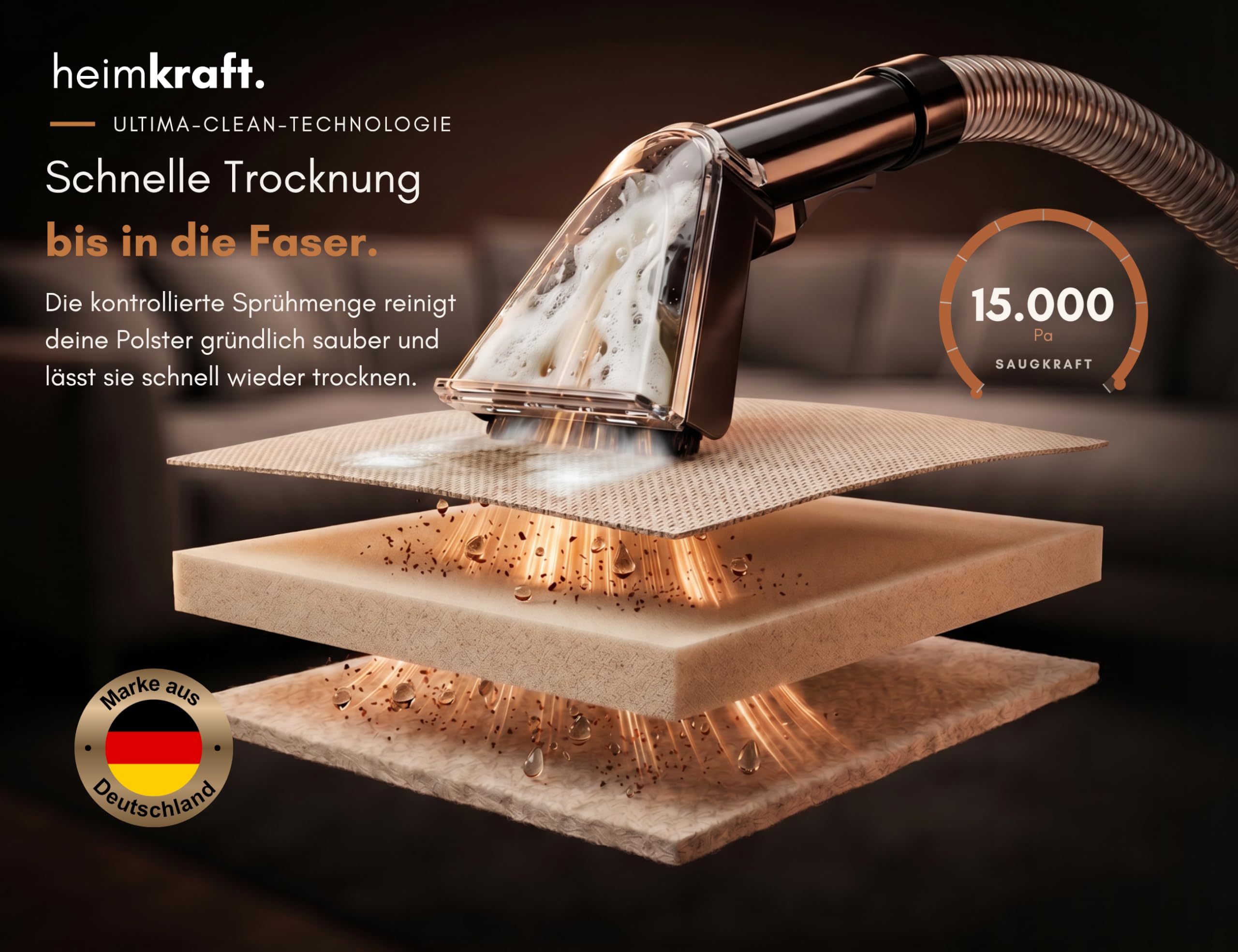 Nasssauger Polsterreiniger Gerät Waschsauger – Polstersauger [Sprühkontrolle] 15.000 Pa Sprühextraktion für Sofa, Couch, Teppich & Auto | Waschsauger heimkraft Teppichreiniger Polsterreiniger