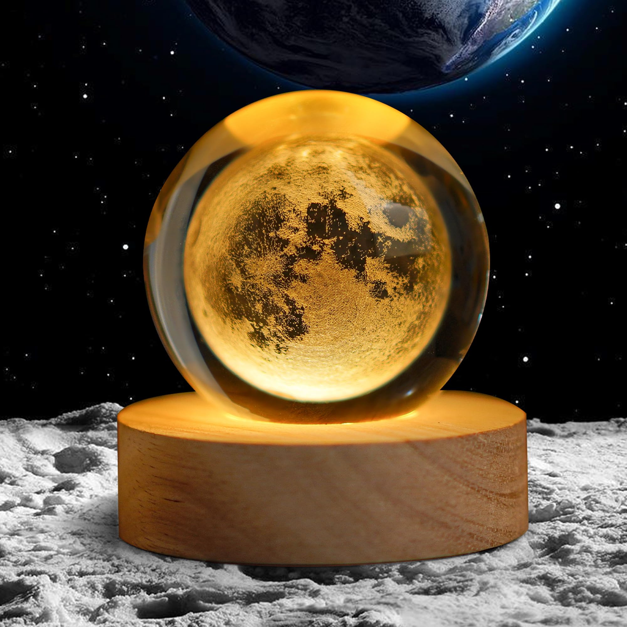 YU FENG 3D Carved Moon Crystal Ball with with Warm White Light Base for a Warm and Mysterious Ambiance 2.36 Inches