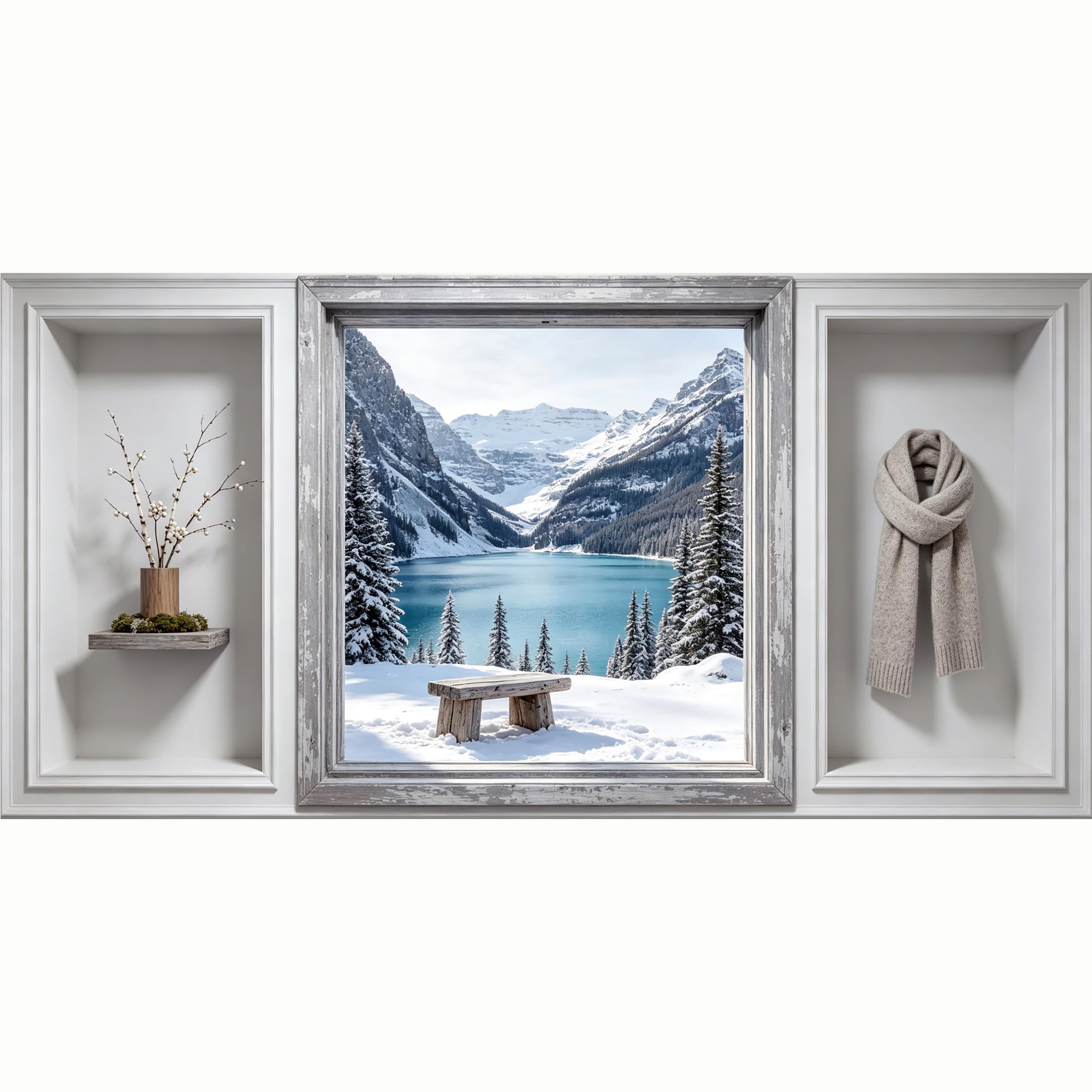 QZLITHOTIC 50x100cm 3D Framed Wall Art， Snowy Mountain Lake Landscape Self‑Adhesive Mural， Water‑Activated Peel & Stick Fabric Decor Wall Decal for Bedroom Living Room