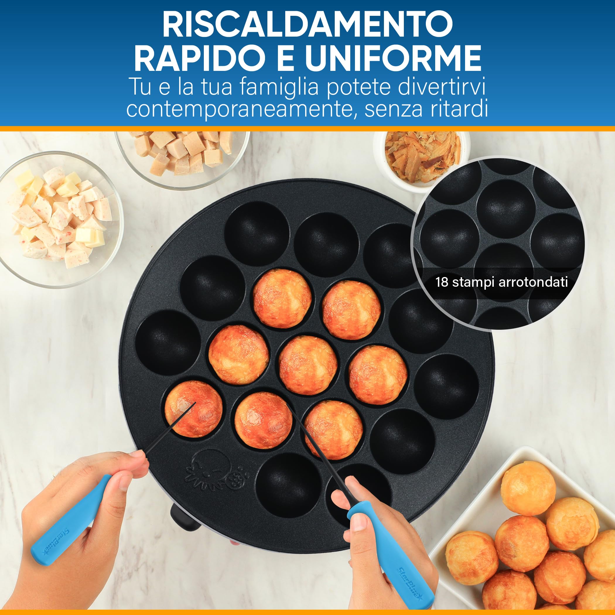 StarBlue Macchina per Takoyaki 18 fori 700W 220V 50Hz con Controllo Temperatura Spina UK Adattatore UE