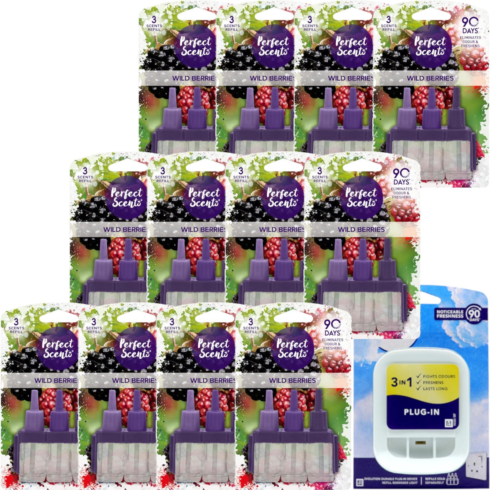3Volution Plug-In Device with 12 Wild Berries Refills, 20ml Each, 90 Days Odour Eliminator and Freshener