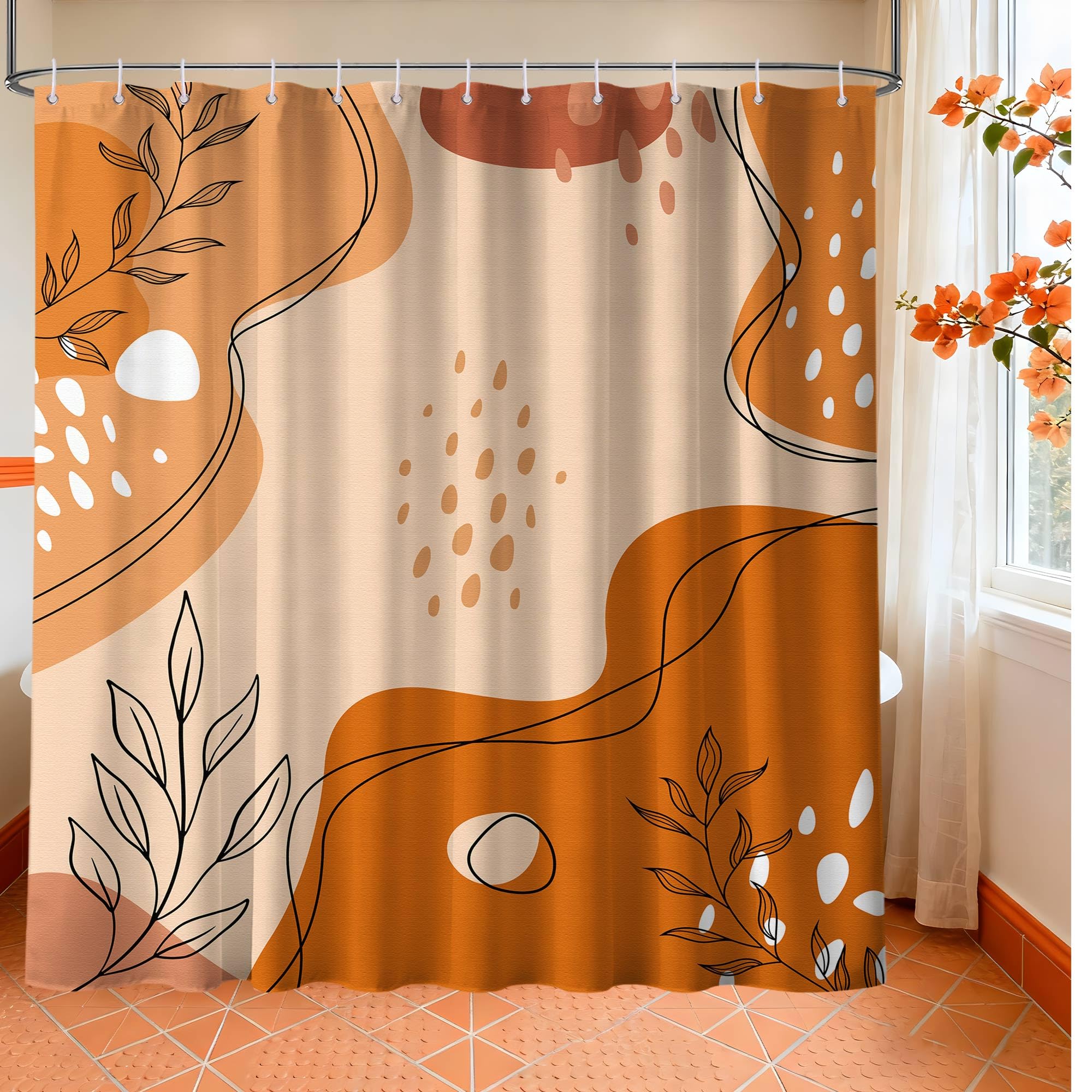 LanZanthic Burnt Orange Shower Curtains for Bathroom Orange Mid Century Modern Wet Room Shower Curtain with hooks, Mould Proof Resistant, Waterproof, Washable, Fabric, 180 x 180 cm
