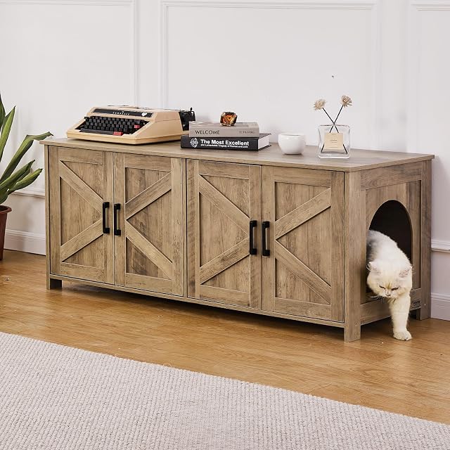 Foto 8 de 8 de VEVOR Arenero para Gatos, 1200 x 450 x 500 mm, con 4 Puertas 2 Entradas, Mueble de Interior, Caseta de Madera