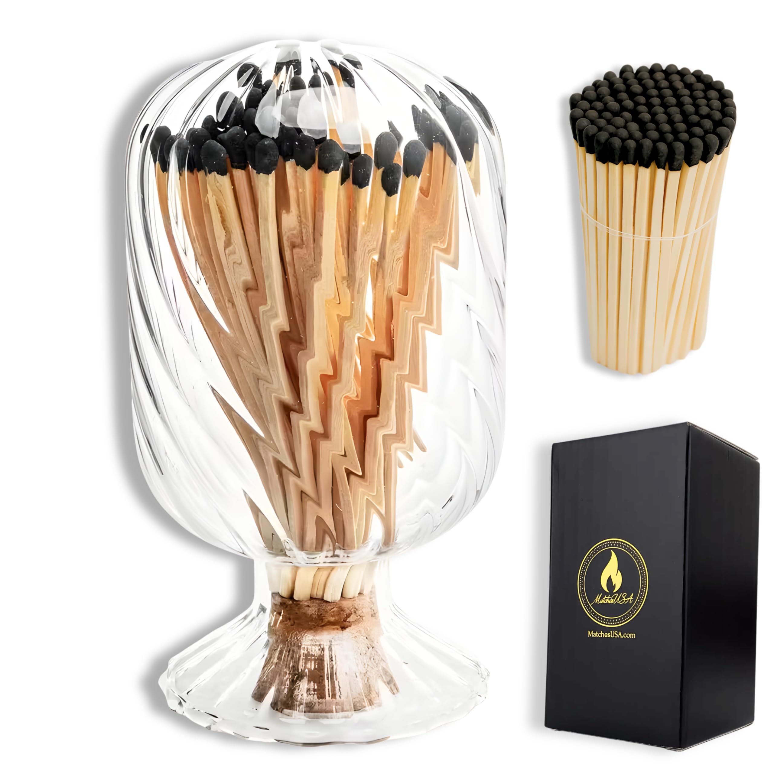 Includes Matches! | Helix Shaped Glass Matches Cloche | Spiral Decorative Match Holder Jar for Candles Set Display (Black Matches)