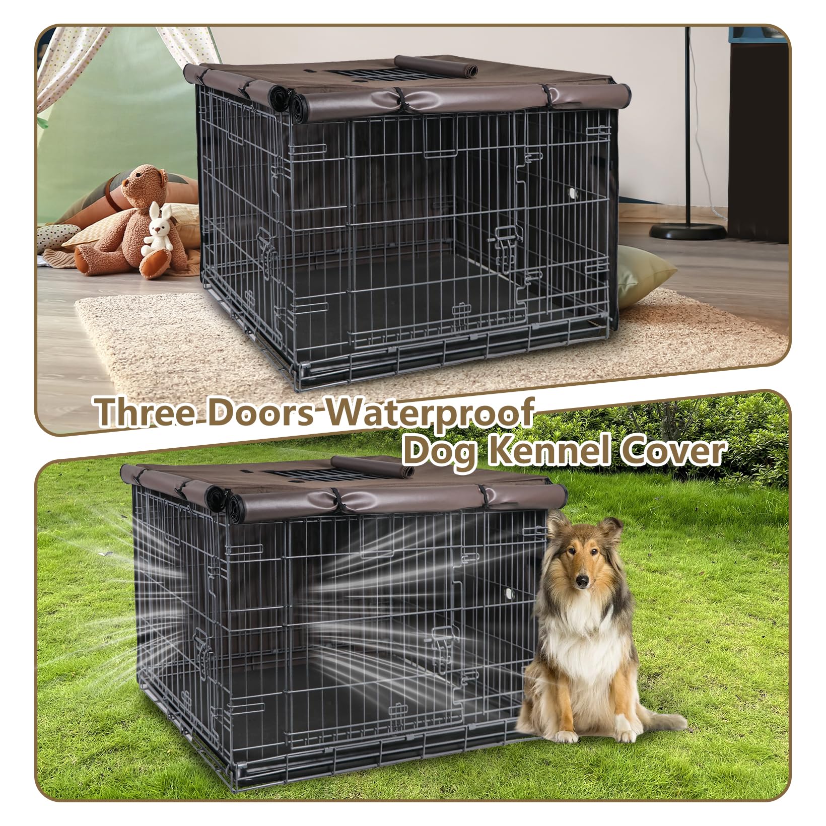 Abdeckung für Hundekäfige, 91,4 cm, 3 Türen, wasserdicht, 600D-Oxford-Gewebe, Käfigabdeckungen mit einer Wasserflaschendüse, damit Hunde jederzeit Wasser trinken können. Braun (nur Abdeckung)