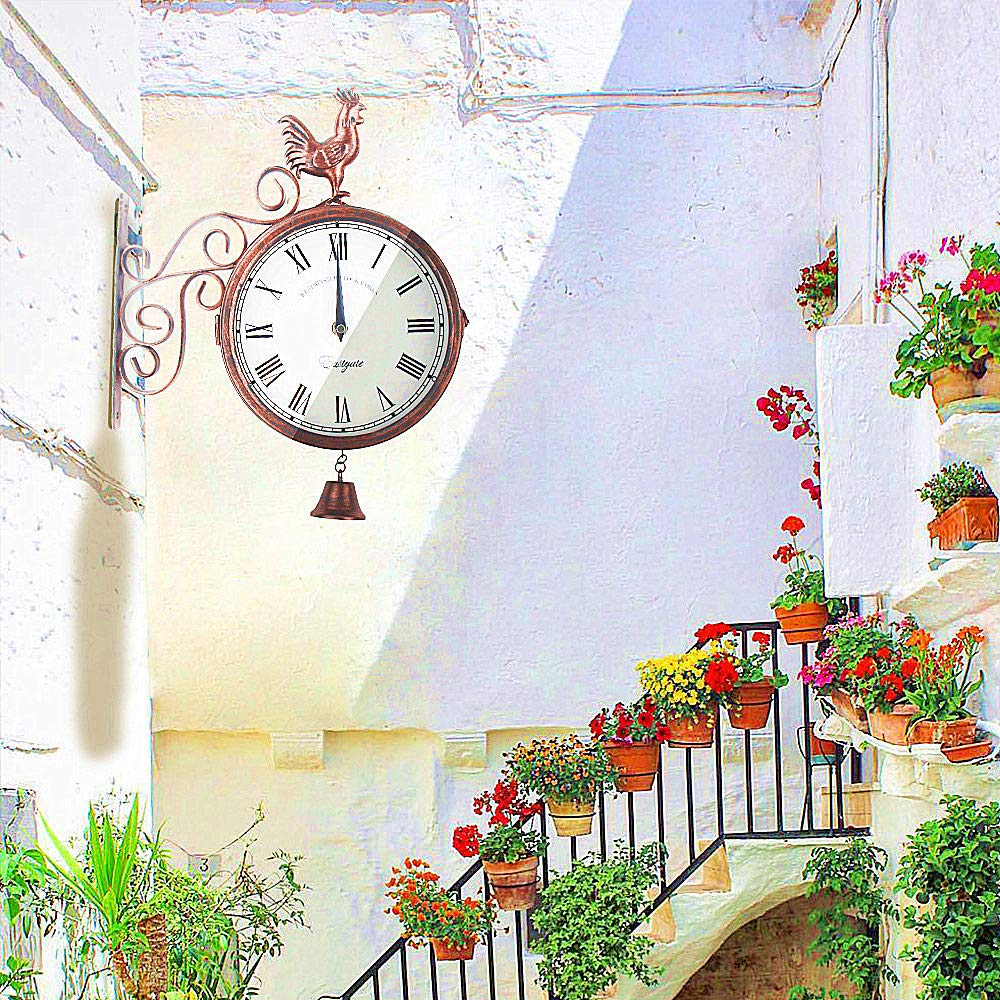 Horloge murale double face - Horloge de gare - Étanche - 30 x 37 x 9 cm - Avec design en fer forgé - Style rétro - Pour gare, couloir ou jardin - Noir
