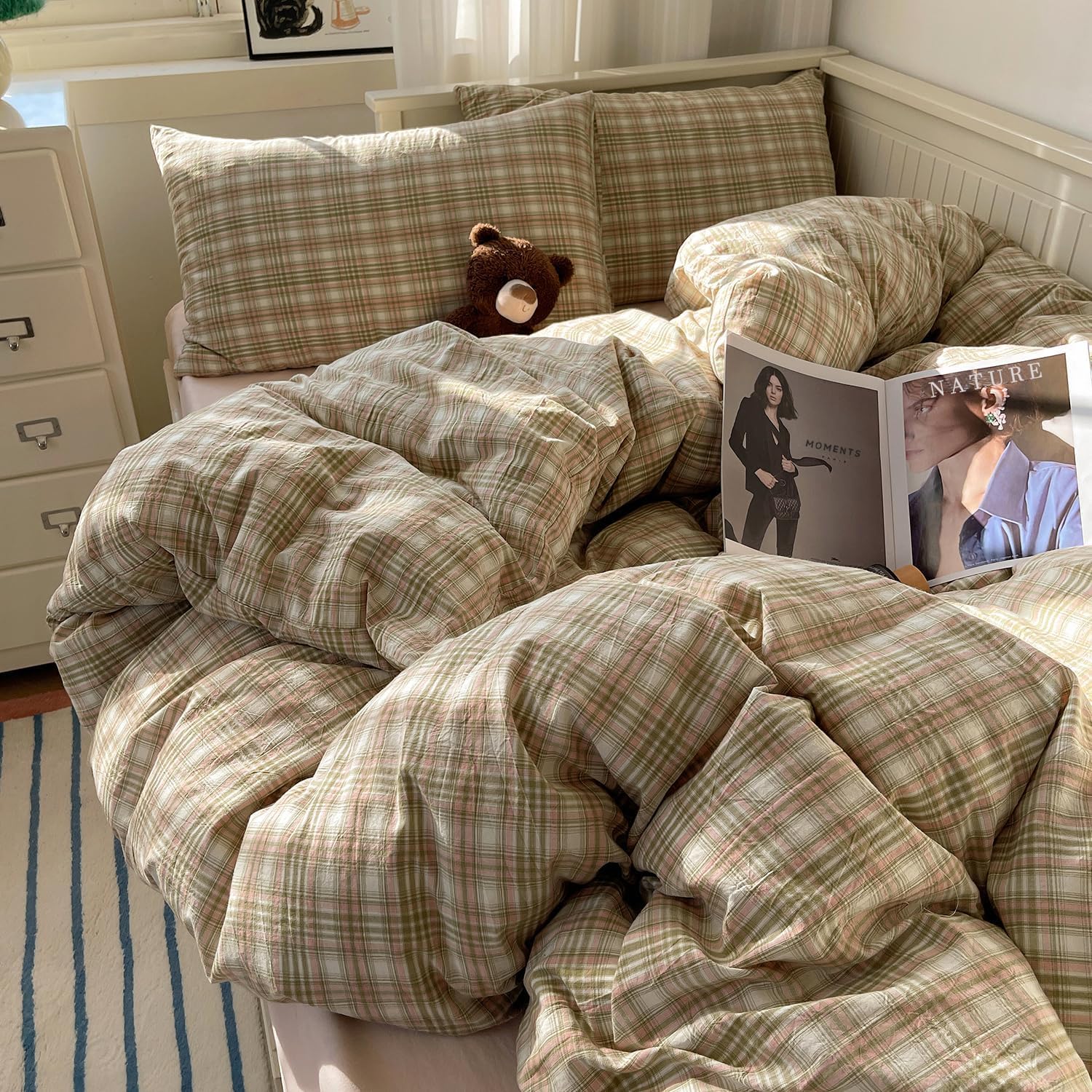 mixinni Queen Duvet Cover Set - 3 Piece Washed Cotton Vintage Geometric Plaid Bedding Set with Zipper Closure, Soft &amp; Breathable Green Pink White Buffalo Check Pattern for All Seasons