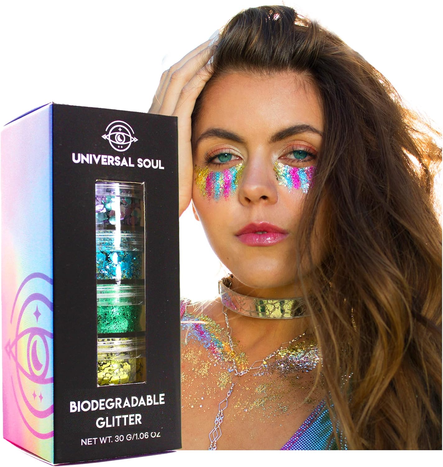 Biodegradable Body Glitter Set of Six (6) colors (30G) Chunky Rainbow body, face, hair eco glitter by Universal Soul, Pink, Gold, Green, Blue, Purple and Silver (Vegan & Cruelty Free) : Beauty & Personal Care