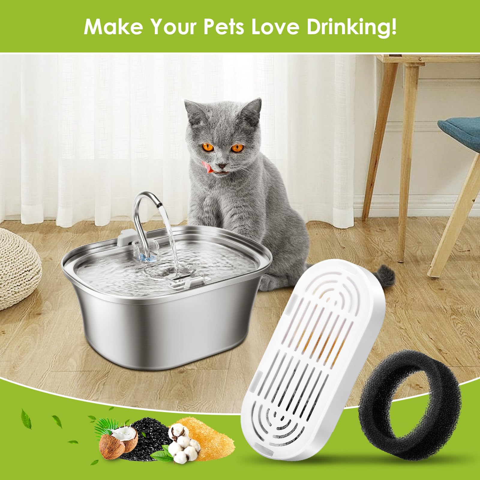 Cat Water Fountain Filters, 9 Pack Replacement Filters & Replacement Pre-Filter Sponges for Stainless Steel Pet Fountain with Water Level Window, Fountain Carbon Filters for Dog Water Dispenser Bowl - image 7