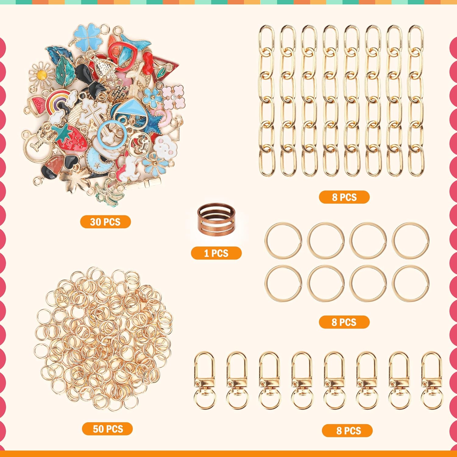 Starry 105Pcs Keychain Making Kit DIY Bag Charm Kit 30 Charms 8 Keychain Clips with Key Ring,Key Chain Kit 8 Extender Chain Swivel Snap Hooks Gold Charms 50 Jump Ring DIY Craft Supplies - Image 2
