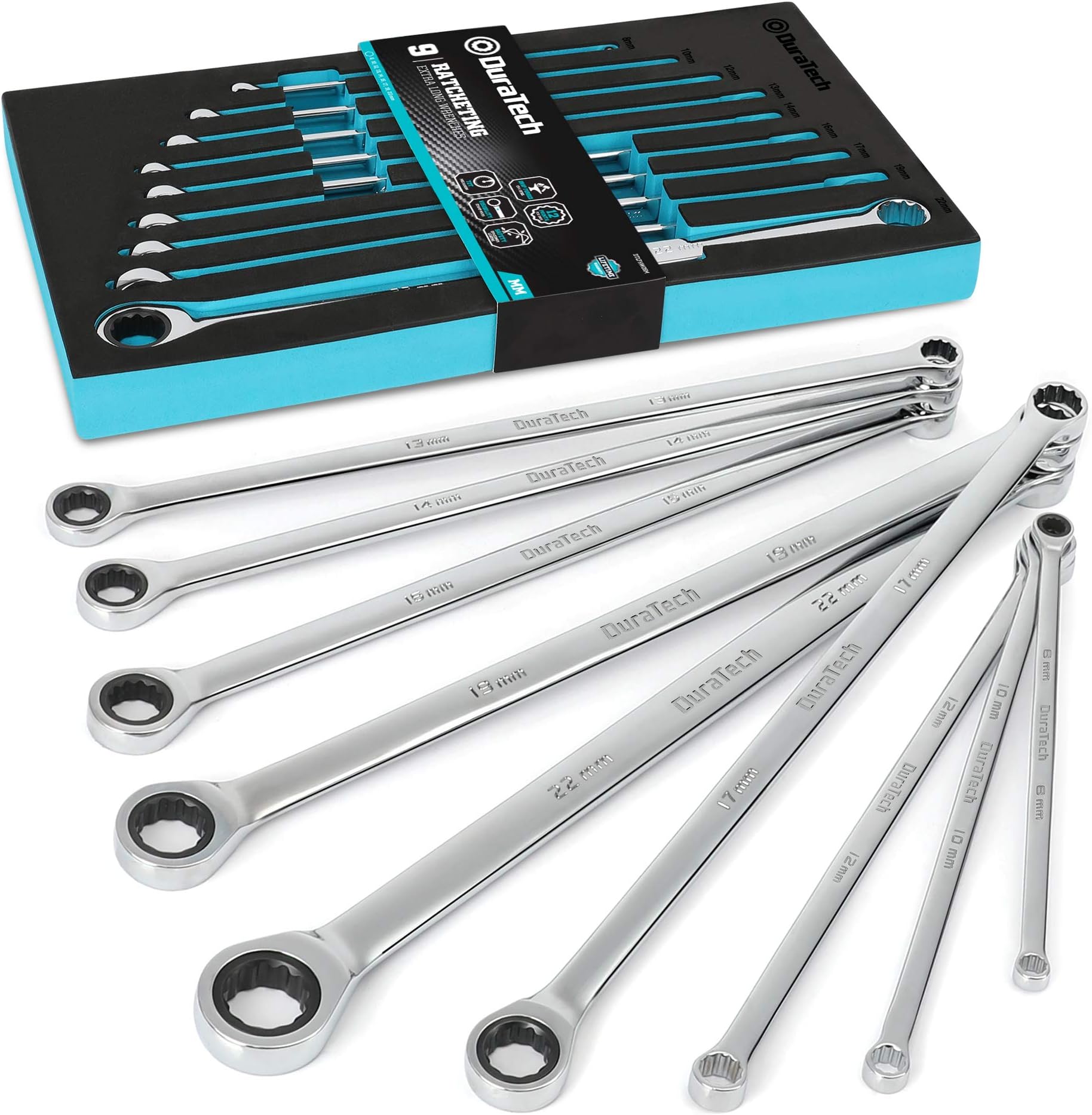 Extra Long Ratcheting Wrench Set, Double Box End Wrench Set, Metric, 9-Piece, 8,10,12,13,14,16,17,19,22 mm, CR-V Steel, with EVA Foam Tool Organizer
