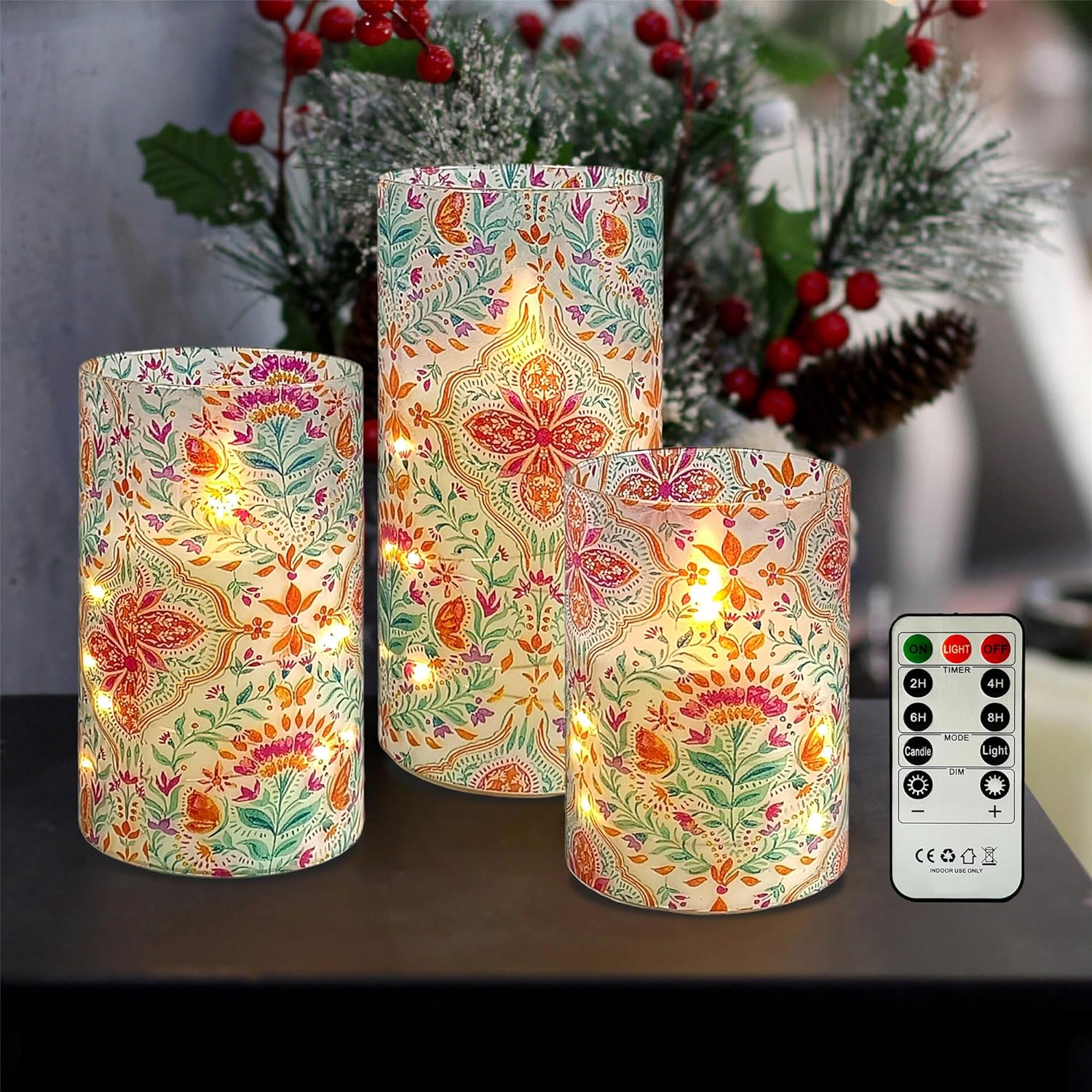 Printed Flameless Candles with String Lights - Set of 3 Colorful Battery Operated Candle Flickering Floral LED Pillar Candles with Timer Remote for Home Decor Romantic Ambiance,BFLY