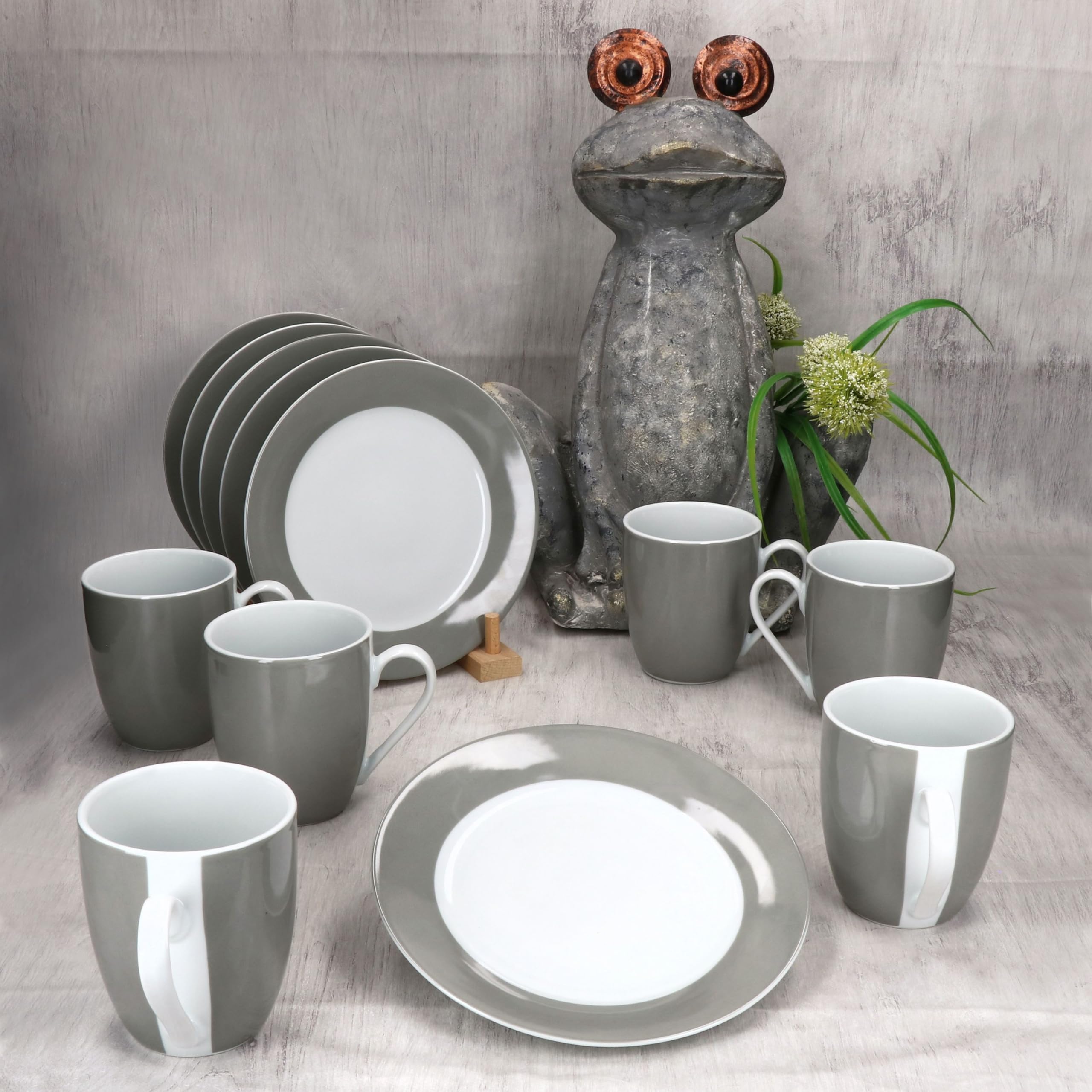 MamboCat Variant Grau 12tlg Frühstücksset I Je 6X kleine Teller & Kaffeebecher 350ml, Höhe 10,3cm für 6 Personen I Tasse, Kuchenteller I Porzellan-Geschirr für Frühstücks- & Kaffeezeit