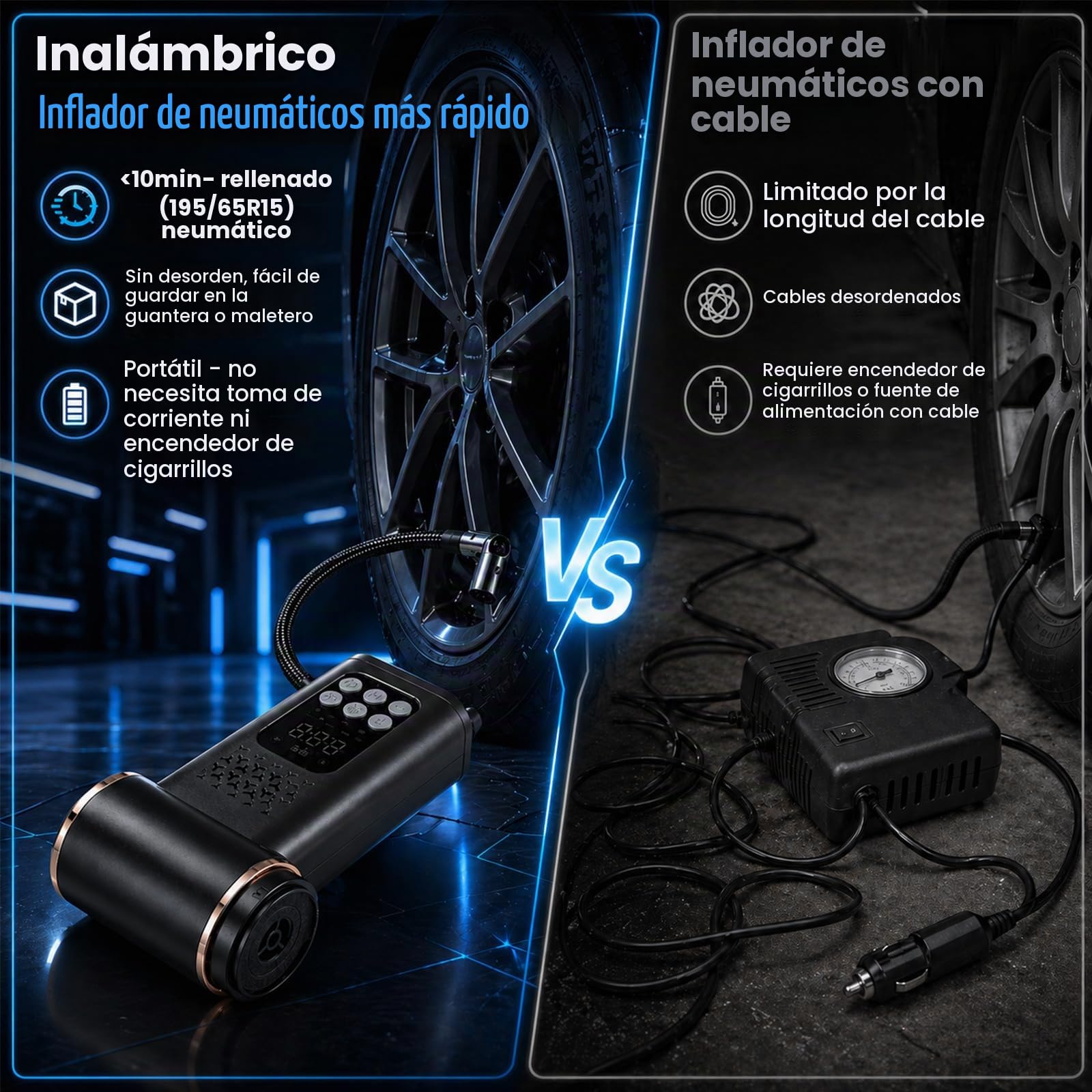 5 en 1 Compresor Aire Portatil con Aspiradora inalámbrica, 150 PSI Inflador de Neumáticos con Luz de Emergencia, Pantalla LCD, manómetro Digital para Coche hogar Pelo de Mascotas Moto y balones