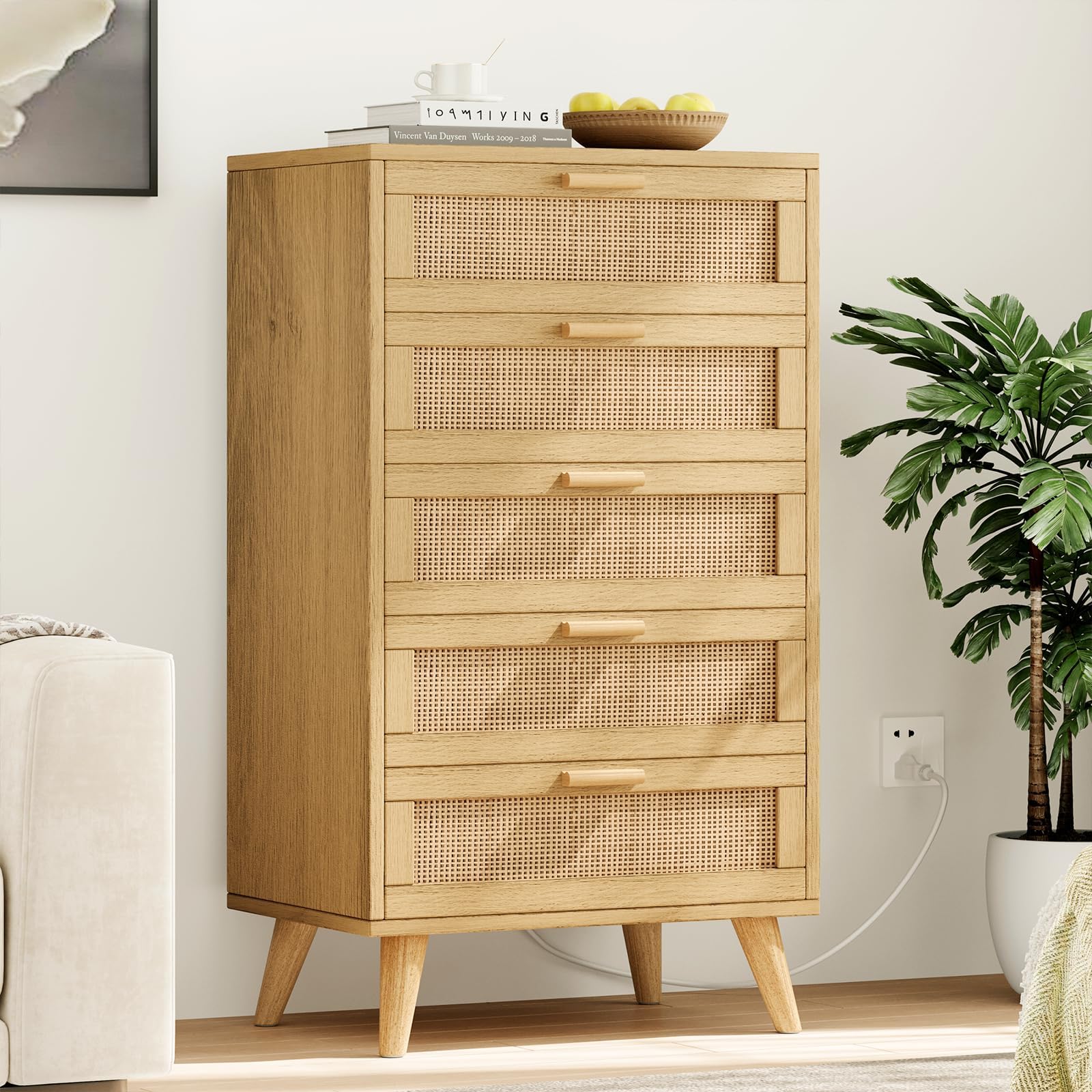 Modern 5 Drawer Dresser for Bedroom, 42.7" Tall Rattan Chest of Dressers with Charging Station, Dresser Chest with Wooden Handles, Beside Table for Closet, Living Room and Entryway, Natural