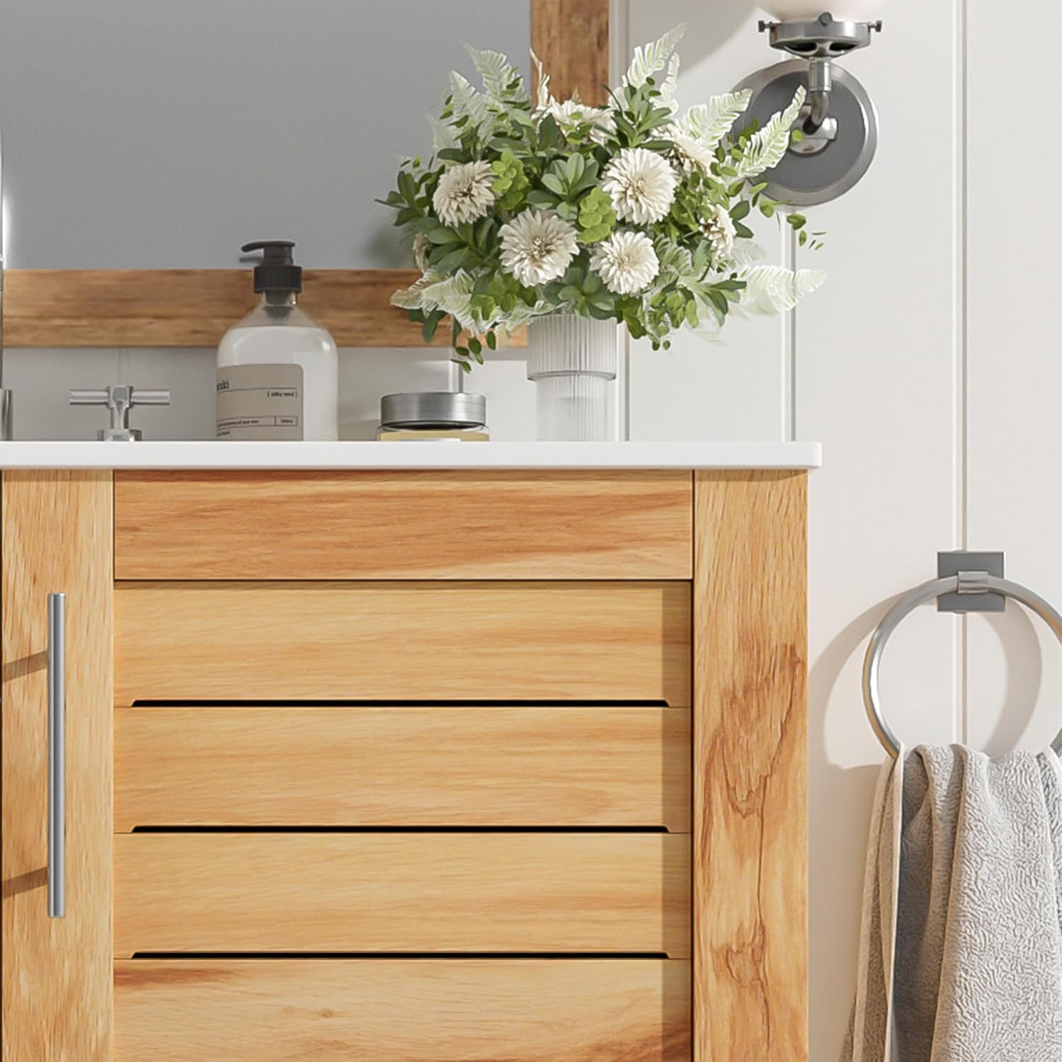 Christopher Knight Home Derwin 30" Bathroom Vanity with Ceramic Sink, Freestanding Bathroom Vanity Organzier, Soft Close Door Wooden Storage Cabinet, Pedestal Sink Storage Cabinet, Natural