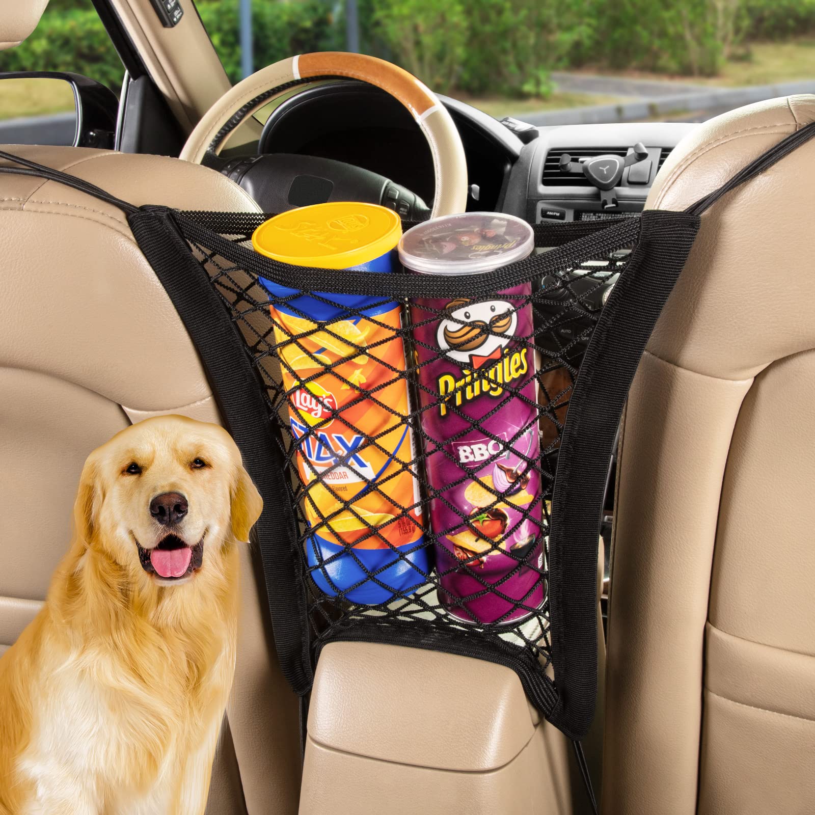 eing 2 Layer Car Mesh Organizer,Seat Back Net Bag,Barrier of Backseat Pet Kids,Cargo Tissue Purse Holder,Universal Elastic Driver Mesh Net Storage Bag - Black