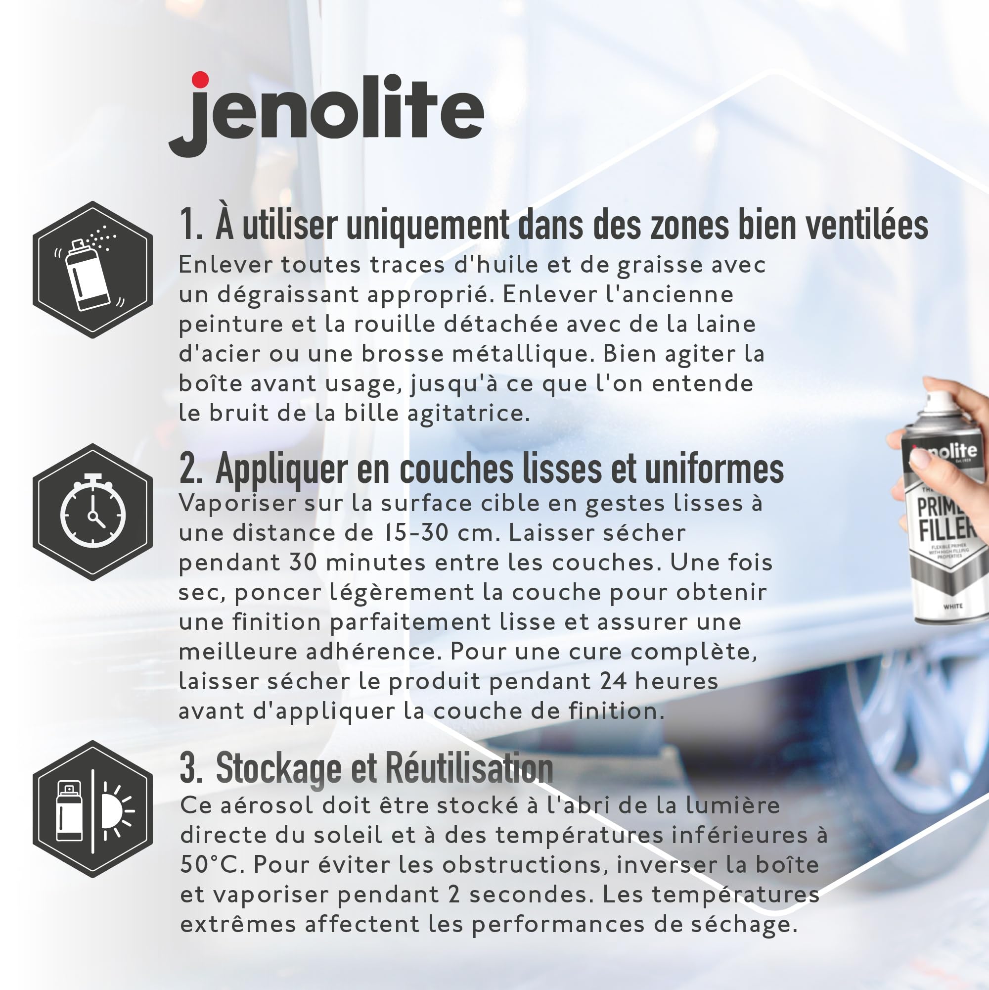 JENOLITE Peinture d'apprêt de remplissage en aérosol | JAUNE | Apprêt flexible avec des propriétés de remplissage élevées | Remplit les petites bosses et rayures pour une finition lisse | 400ml