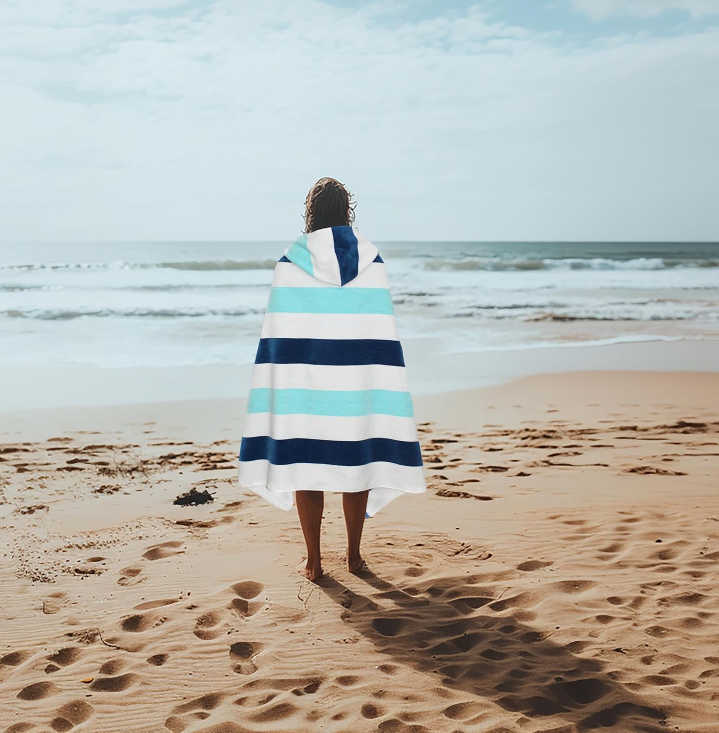 COTTON CRAFT Hooded Beach Towel – Oversized 35 x 70 Towel with Hood for Adults - 100% Cotton Velour Terry Towel - Pool Bath Wrap - Super Soft Plush Absorbent Quick Dry – 630 GSM – Cabana Stripe Blue - Image 4