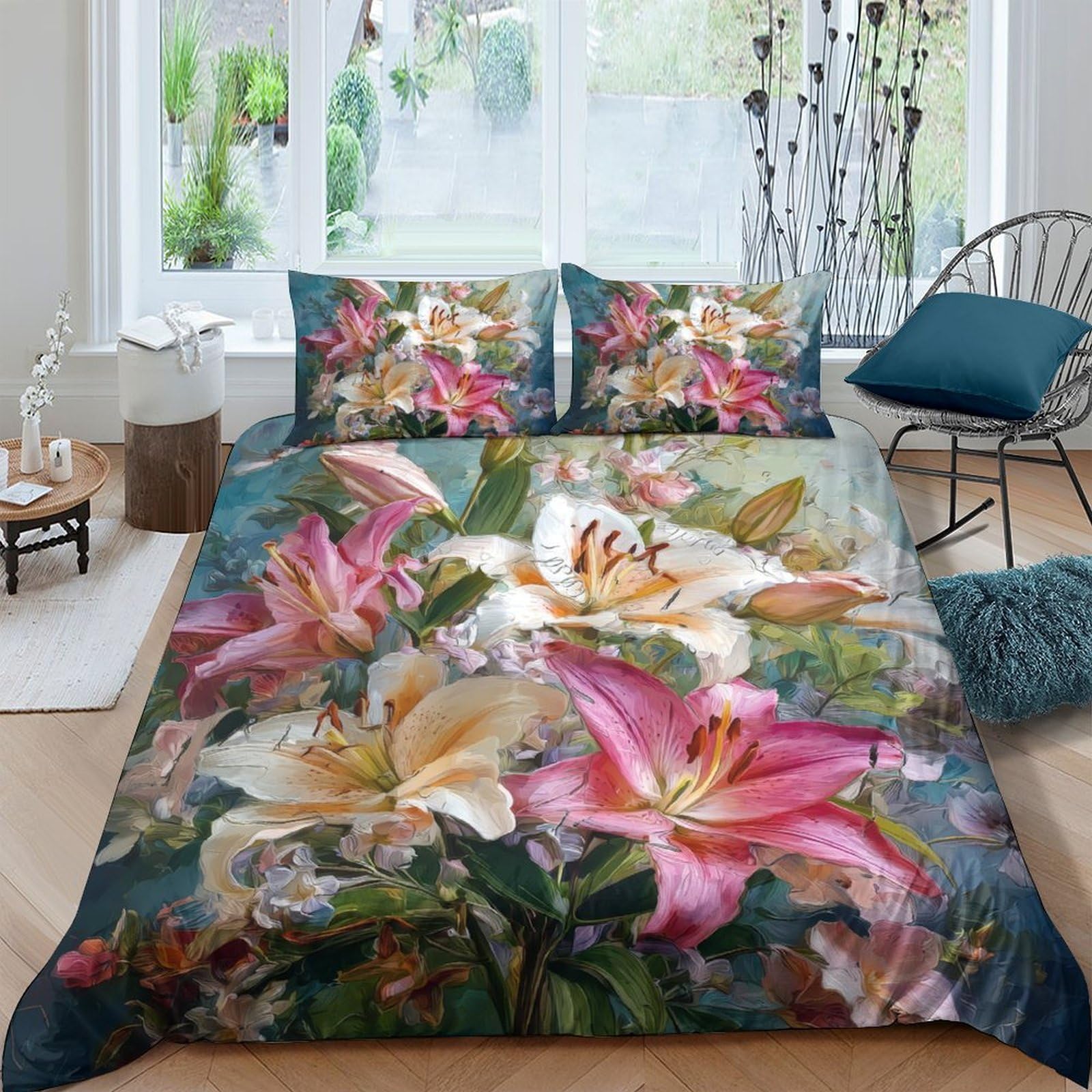 Ctjqhvkz Style-9 3D Printed Pink Lily Fitted Sheet Microfiber Soft Breathable White Floral Mattress Cover For Bedroom Guest Room Single（135X200cm）