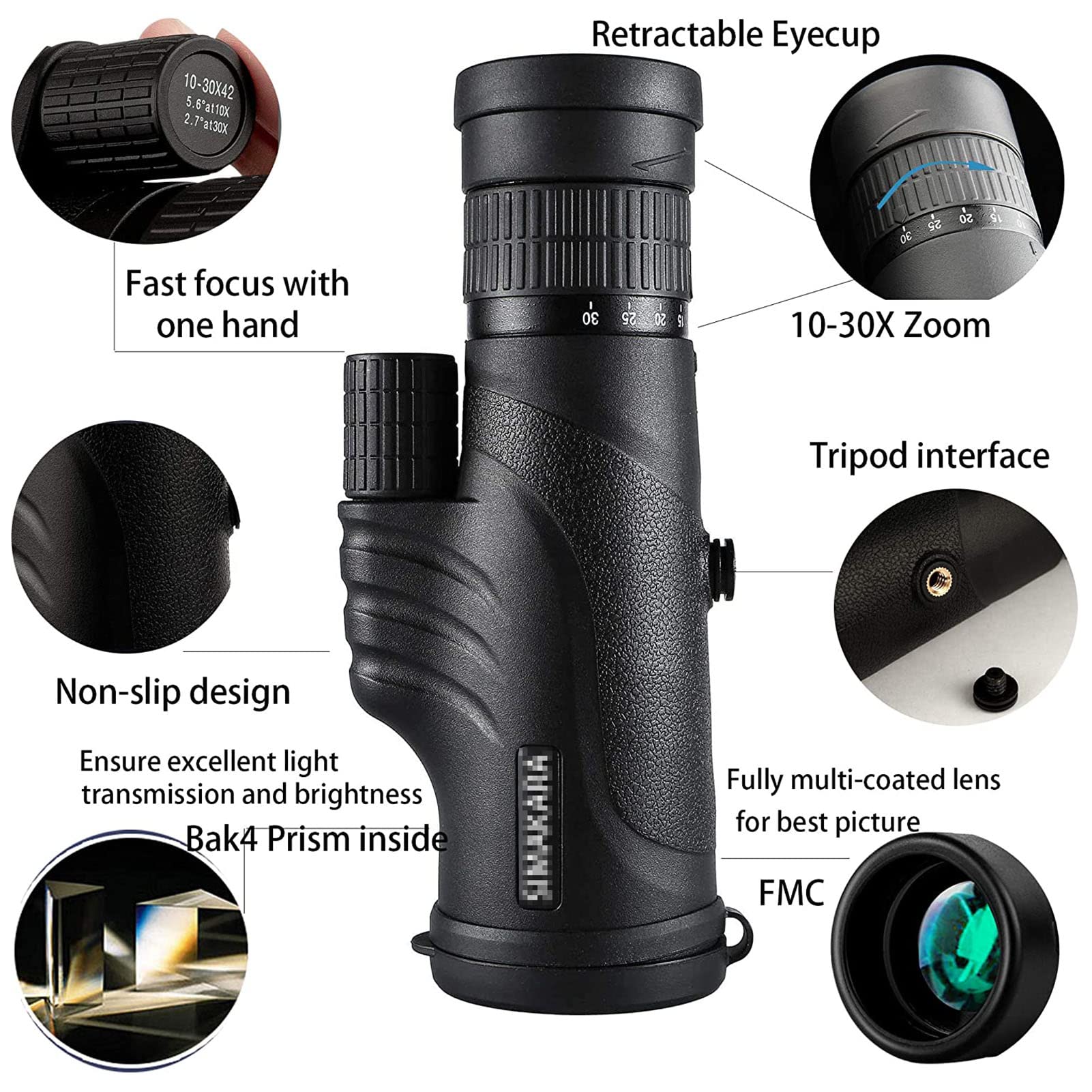 Monoculaires HD, 10-30 × 42 Zoom Monoculaires de poche étanches Lentilles à revêtement FMC Monoculaires portables avec trépied pour téléphone intelligent Convient pour les voyages d'observation