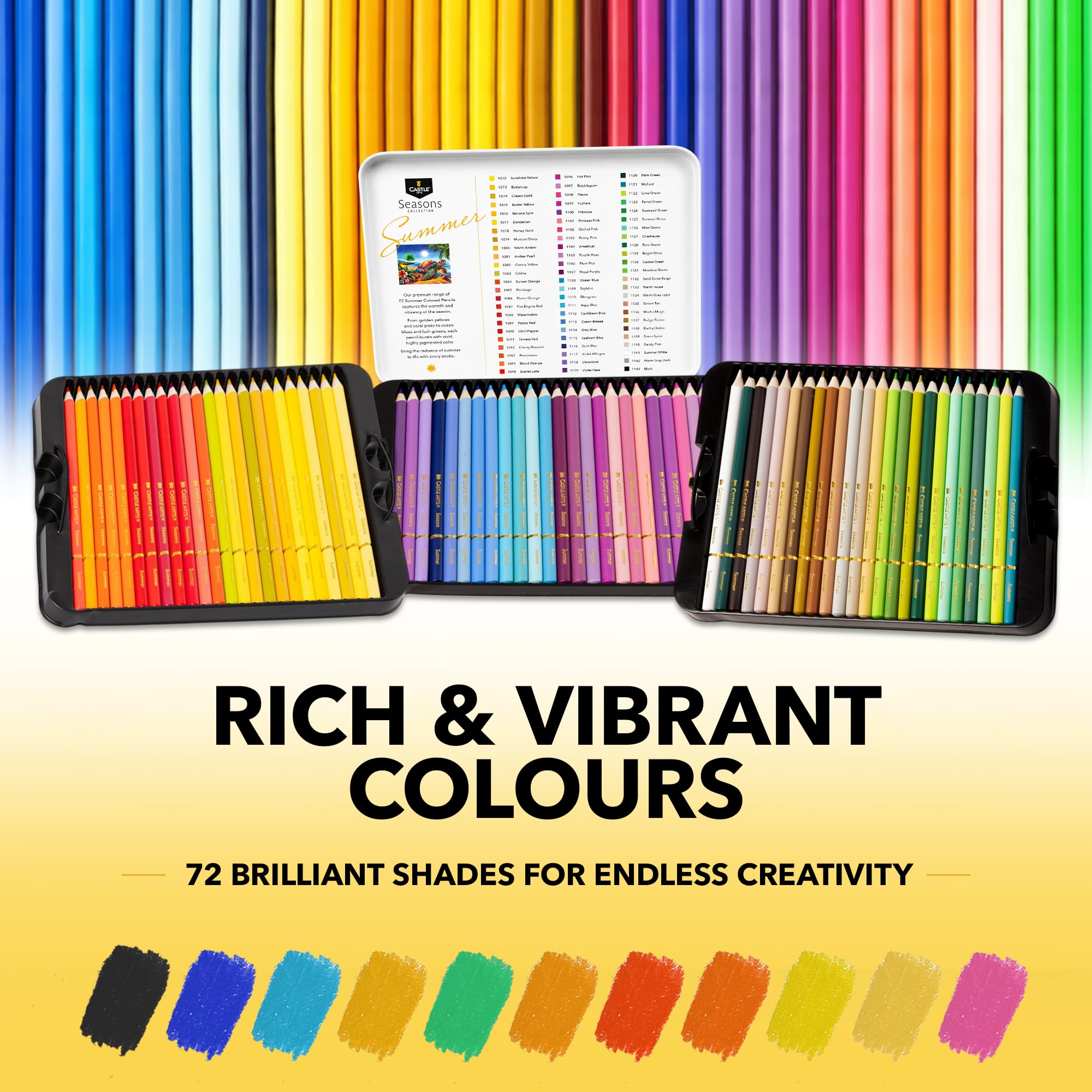 Castle Art Supplies Zestaw 72 letnich kredek | kredki na bazie wosku z miękkim rdzeniem | paleta inspirowana latem dla doświadczonych artystów | w pudełku prezentacyjnym z blachy | kolekcja Seasons