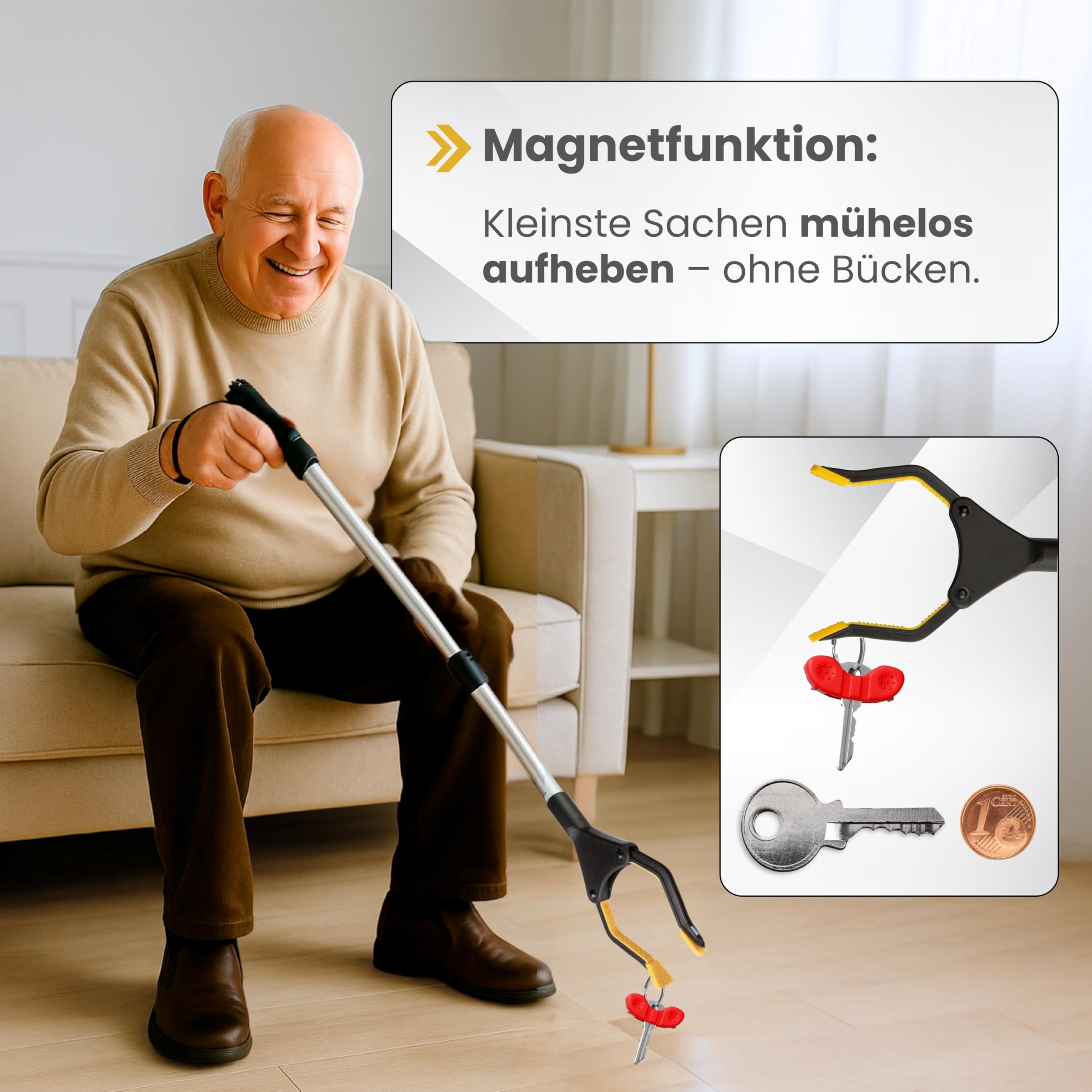 [75-111cm] Greifzange für Senioren, Greifer mit Aluminium Teleskop Stange für individuelle Einstellung und starkem Griff mit 360° Drehkopf, Ergonomischer Reacher für Senioren mit Magnet-Greif